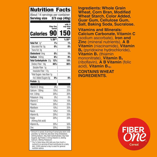 Fiber One Cereal, Original Bran – Pantry Staple Cereal for the Breakfast Table, 19.6 oz