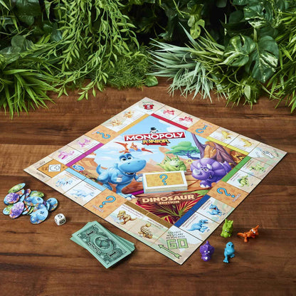 Monopoly Junior Dinosaur Edition Board Game for Kids Ages 5-8, Family Playroom Activity with 4 Dino Toy Tokens