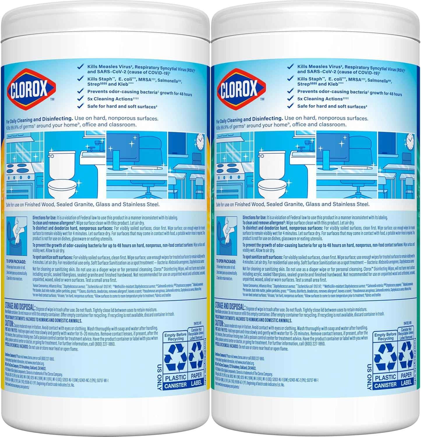 Clorox Disinfecting Cleaning Wipes for Spring Cleaning & Allergy Season, Bleach Free, Fresh Scent and Crisp Lemon, 75 Count Each, Pack of 2