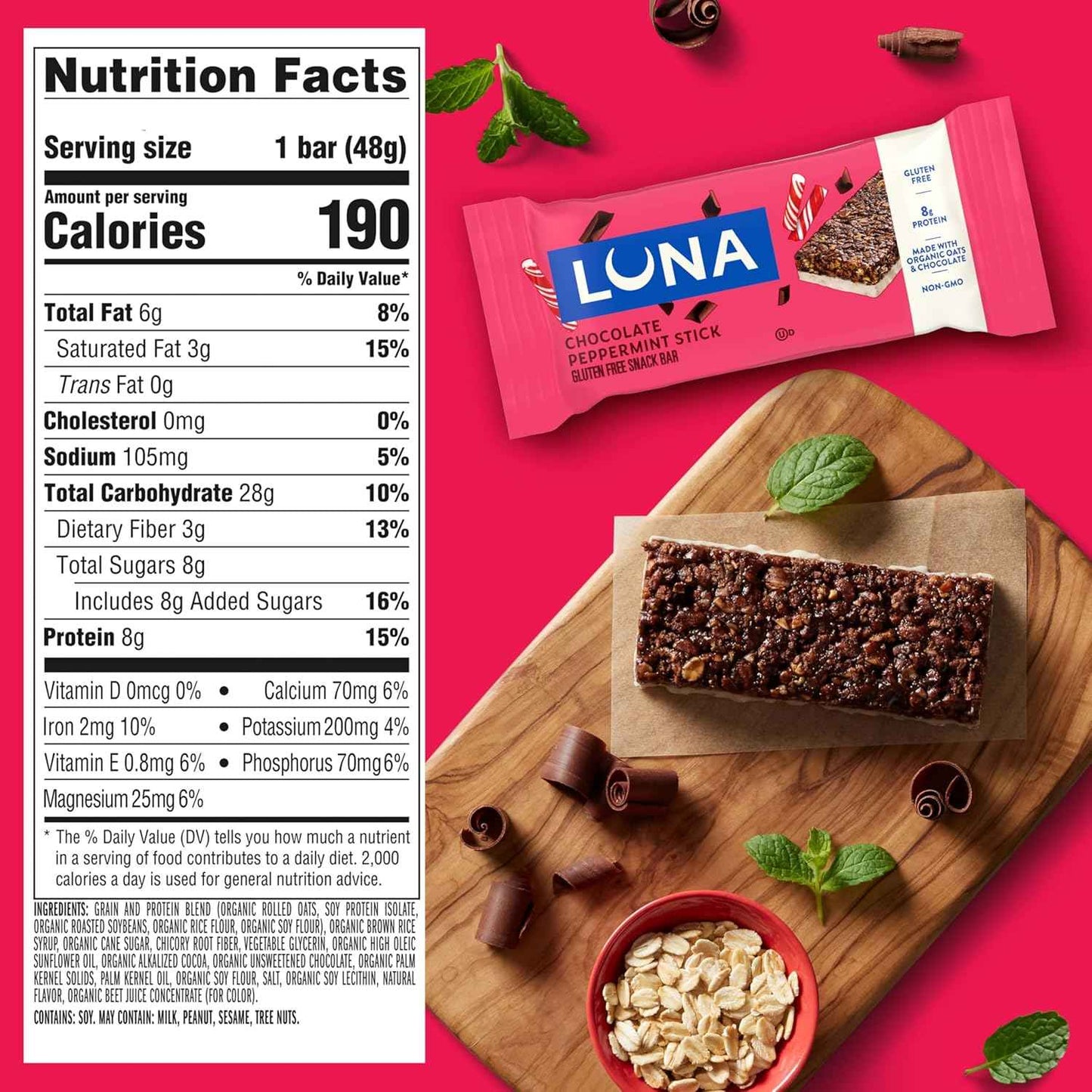 LUNA Bar - Chocolate Peppermint Stick Flavor - Gluten Free Snack Bars - Non-GMO - Protein Bars - Made with Organic Oats - Value Pack (12 Pack)