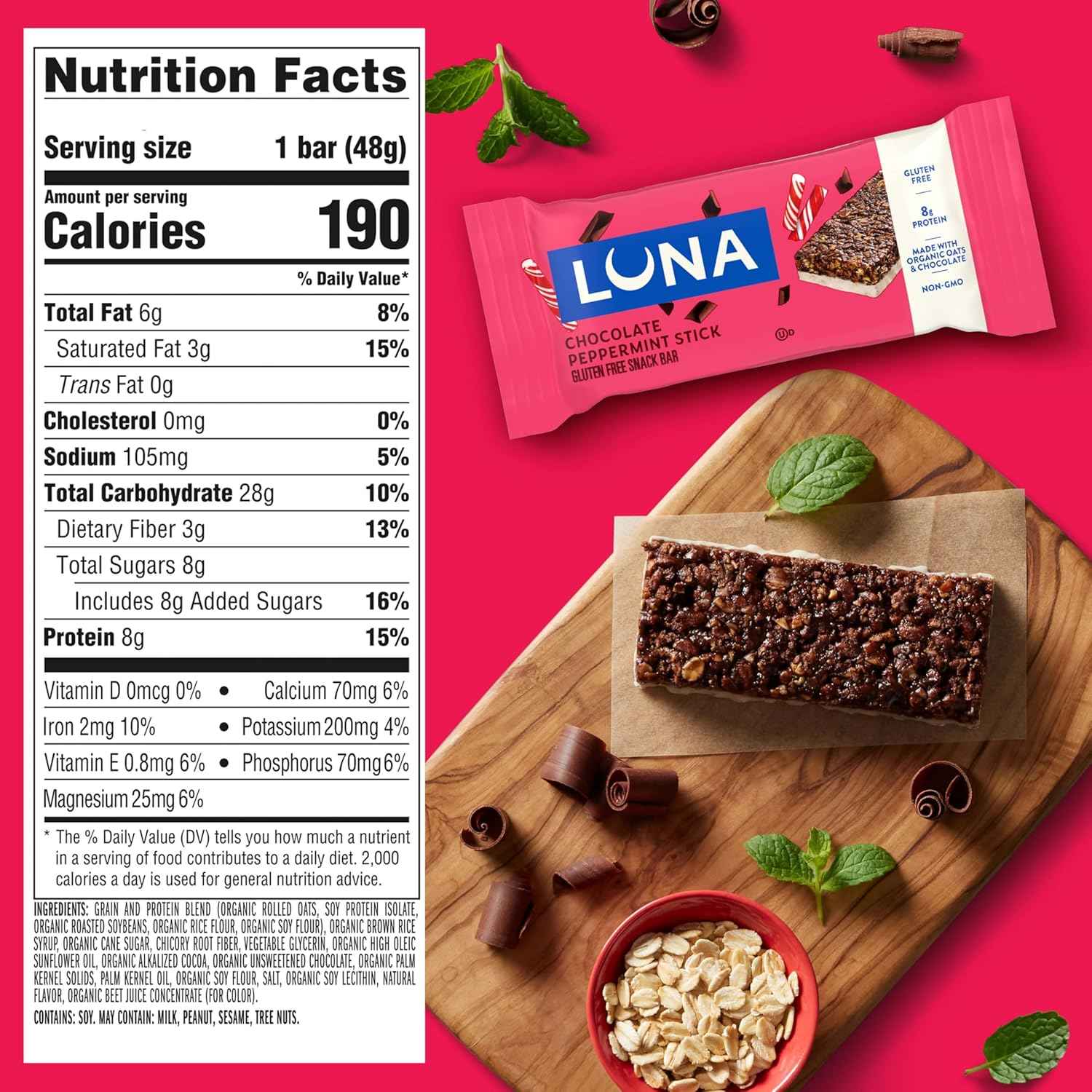 LUNA Bar - Chocolate Peppermint Stick Flavor - Gluten Free Snack Bars - Non-GMO - Protein Bars - Made with Organic Oats - Value Pack (12 Pack)