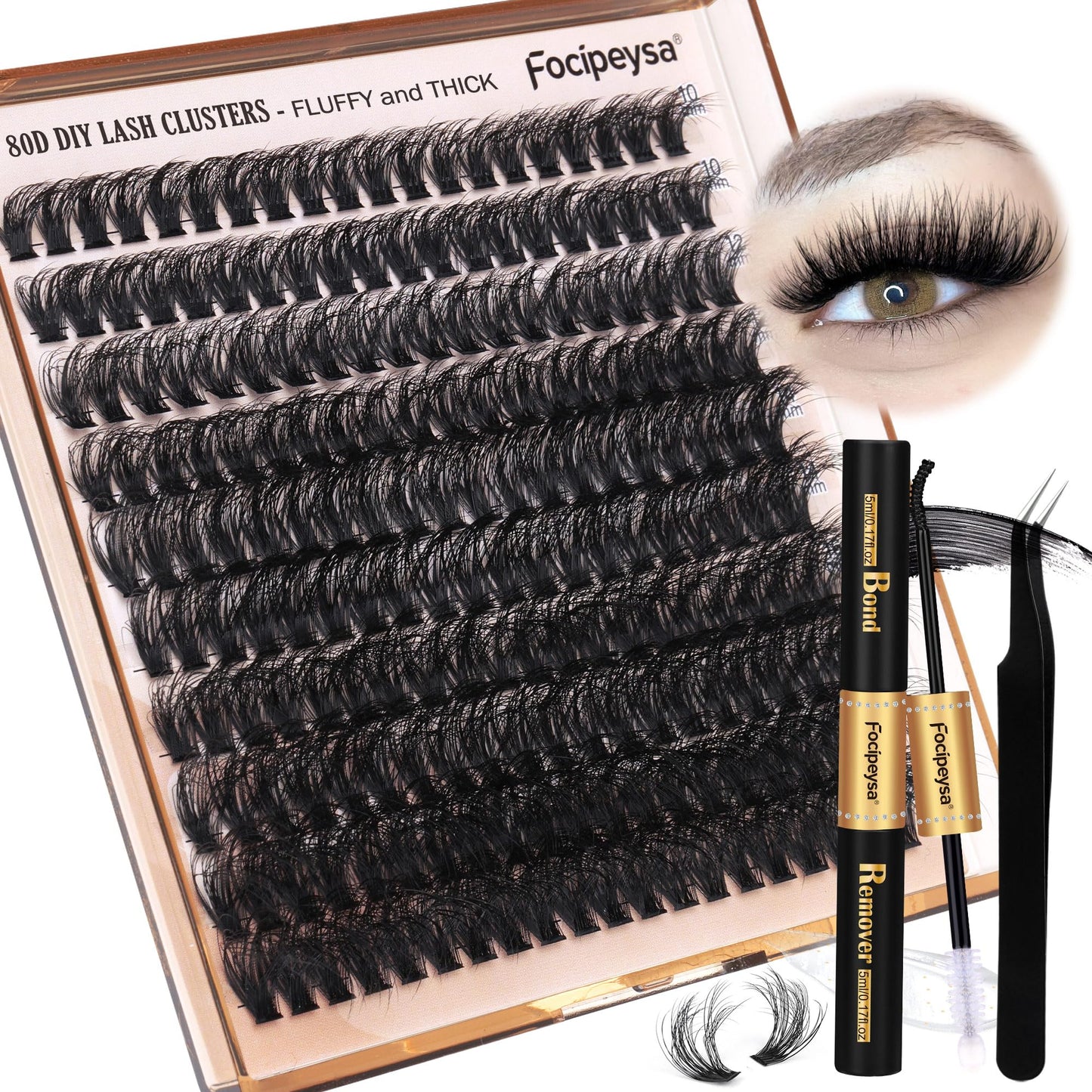 Focipeysa Eyelash Extension Kit, 200pcs 80D Mink Fur False Eyelashes, 10-18mm DIY Lash Clusters, Matte Black, Vegan, Cruelty Free, Includes Lash Bond &amp;amp; Remover, Tweezers