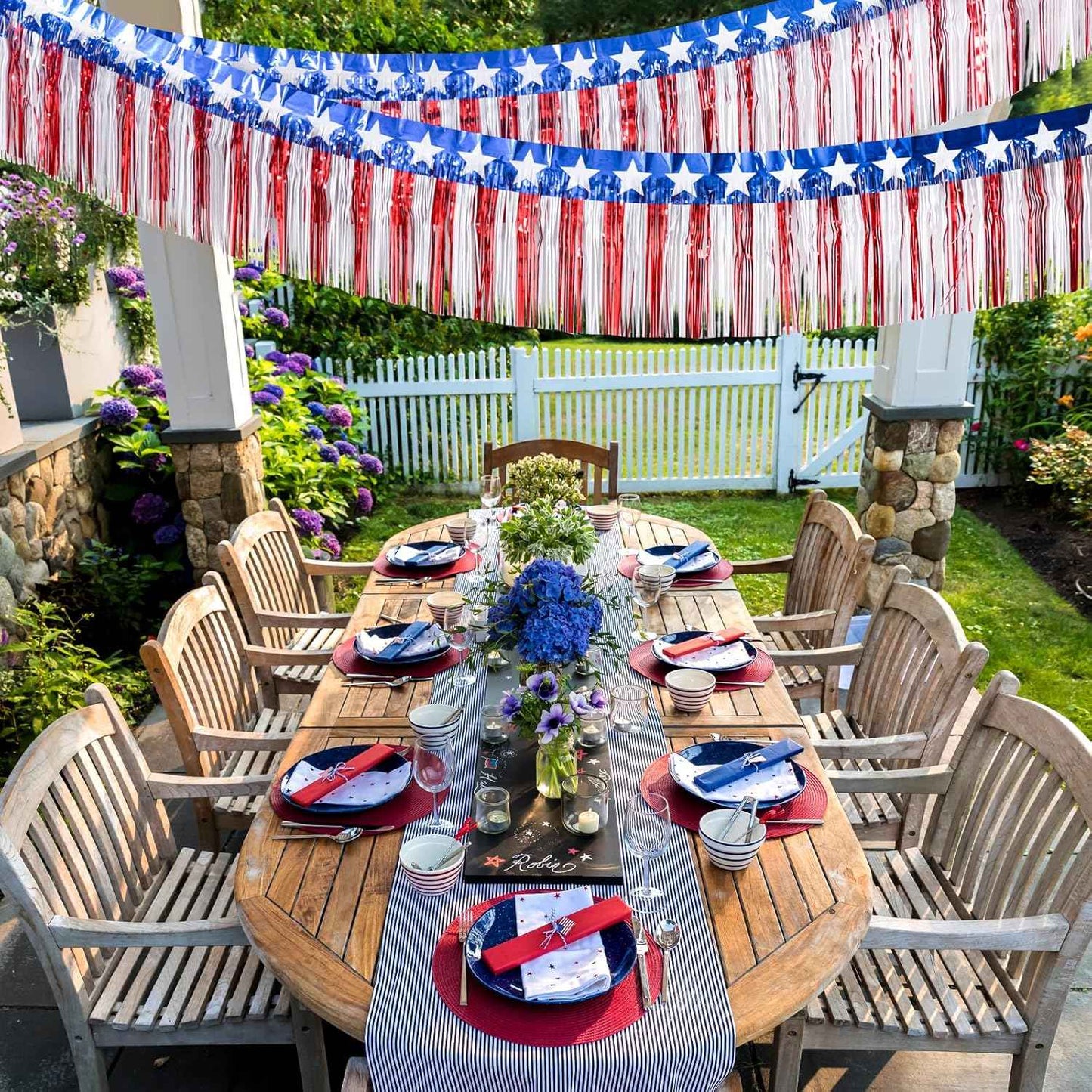 Mega-L 4th of July Decorations 40 Feet Foil Fringe Garland Tinsel Streamers, Red White and Blue Star Metallic Hanging Backdrop Banner Table Skirts for Parade Floats Memorial Day Patriotic Party