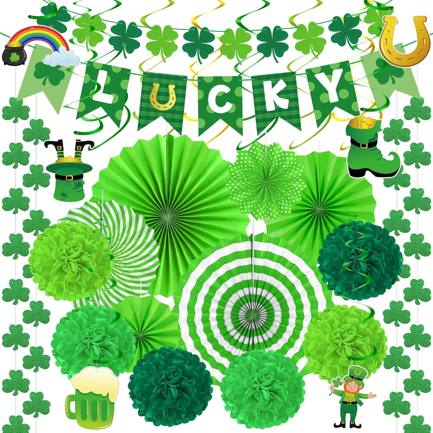 28_PCS_St_Patricks_Day_Decorations,_Green_St_Patricks_Day_Paper_Fan_Set,_Shamrock_Decorations_with_Paper_Fans_Pompoms,_Cards_and_Swirls,_Banner_and_Garlands,_Green_Party_Decorations_for_Home