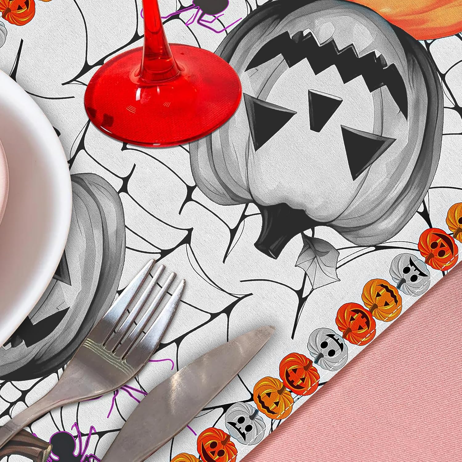 Halloween_Decorations_Table_Runner,White_Halloween_Table_Cover_Jack-O-Lantern_Pumpkin_Spiderweb_13*72IN_Scary_Spooky_Tablecloth_Decor_For_Home_Dining_Room_Holiday_Kitchen_Indoor_Outdoor_Party_Supplies