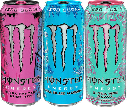 Monster Energy Ultra Variety Pack, Blue Hawaiian, Ultra Vice Guava, Ultra Fantasy Ruby Red, Sugar Free Energy Drink, 16 Ounce Can (Pack of 15)