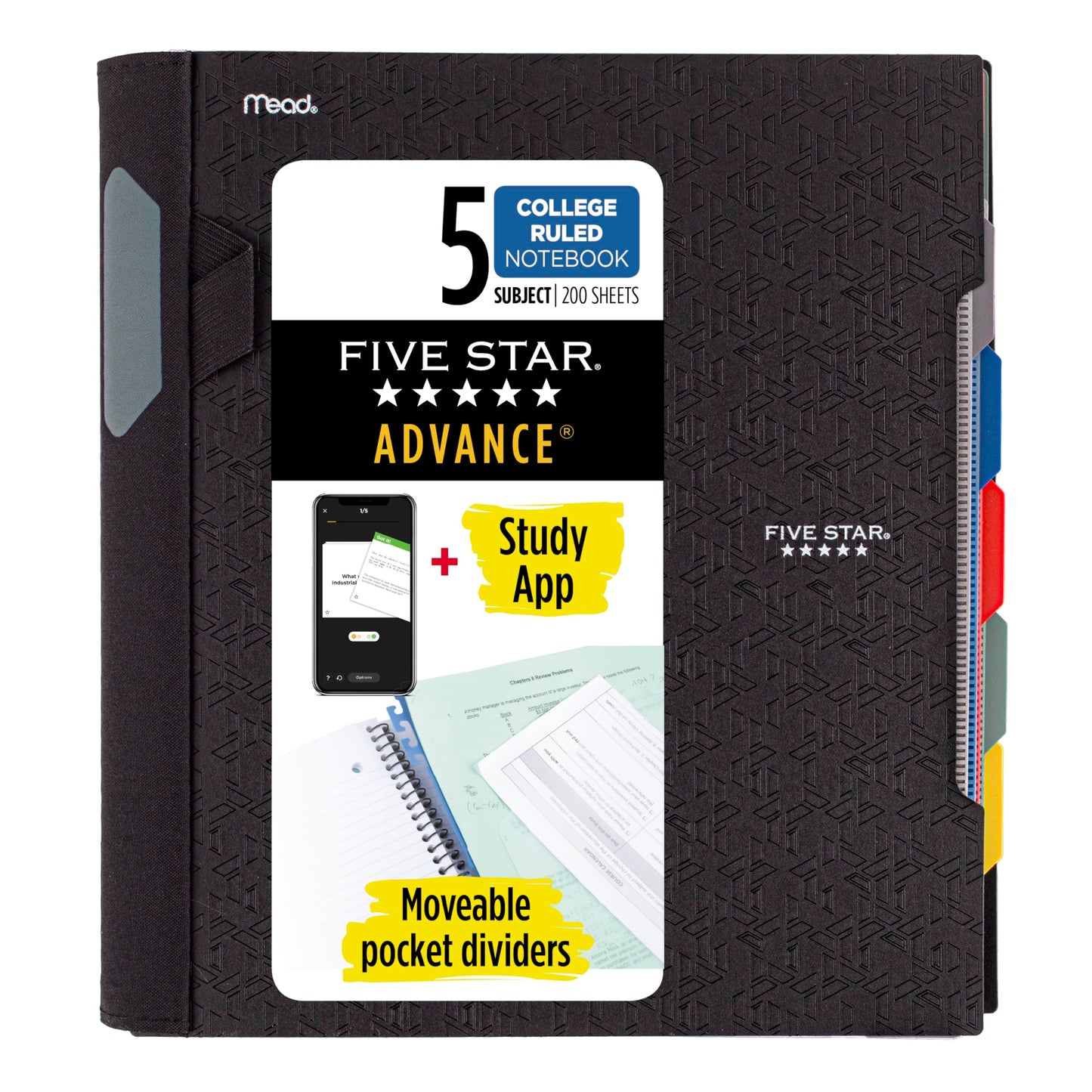 Five Star Advance Spiral Notebook + Study App, 5 Subject, College Ruled Paper, 8-1/2&amp;#34; x 11&amp;#34;, 200 Sheets, Spiral Guard, Movable Tabbed Dividers, Black (73144)