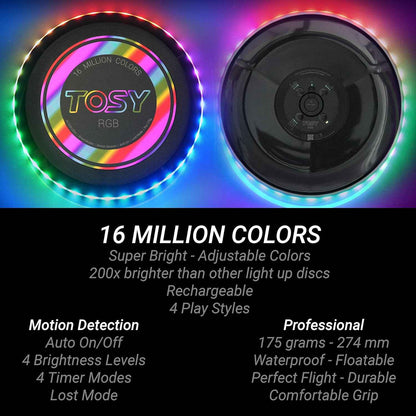 TOSY Flying Disc - 108 RGB Multicolor or 36 Monocolor LEDs, Super Bright, Smart Modes, Easter Basket Stuffers Gift, Camping Toy for Kid/Teen/Adult, Auto Light Up, Rechargeable, Waterproof, 175g