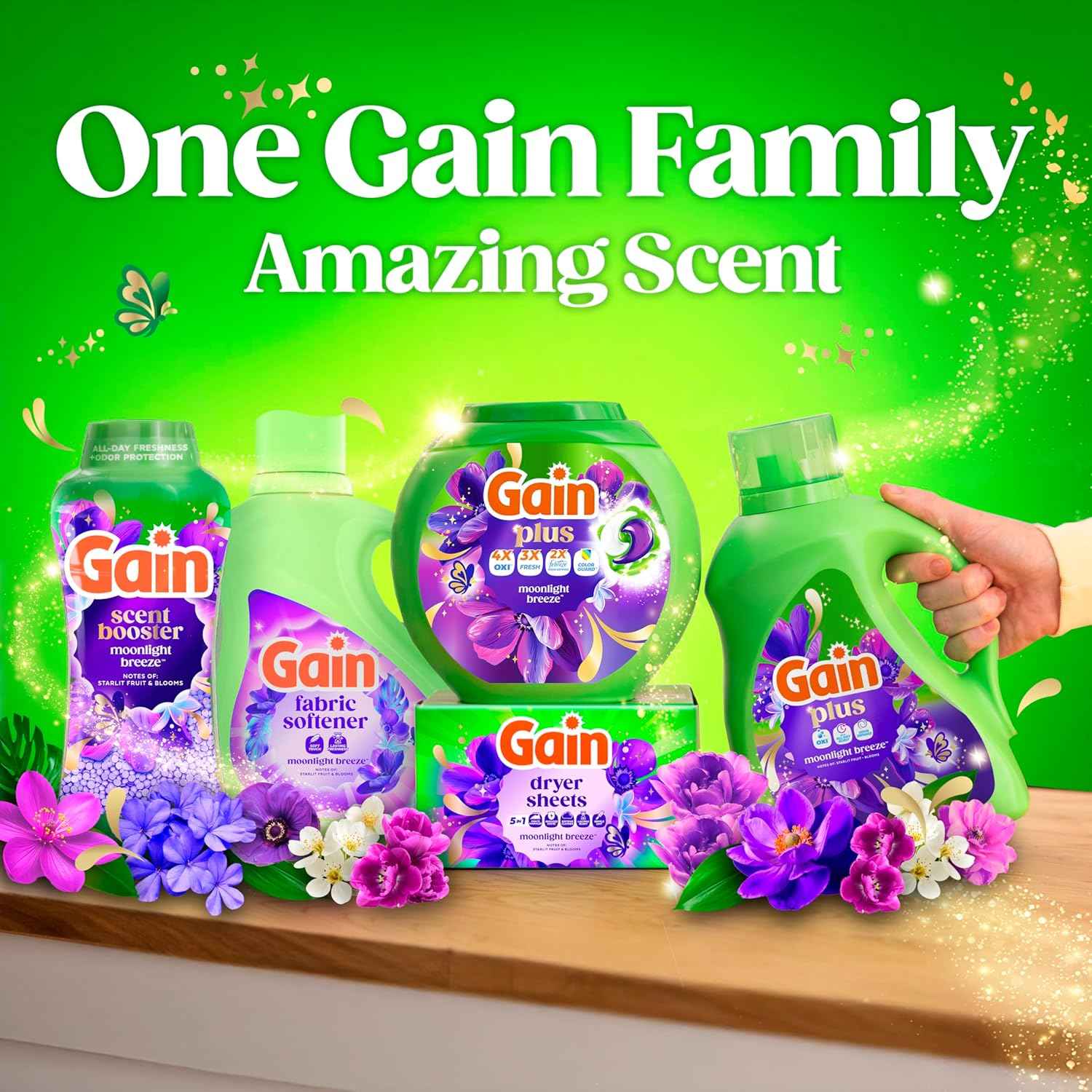 Gain Plus Flings Liquid Laundry Detergent Pods, Gain's Best Clean, All-In-One Pacs, Moonlight Breeze Scent, 45 Count