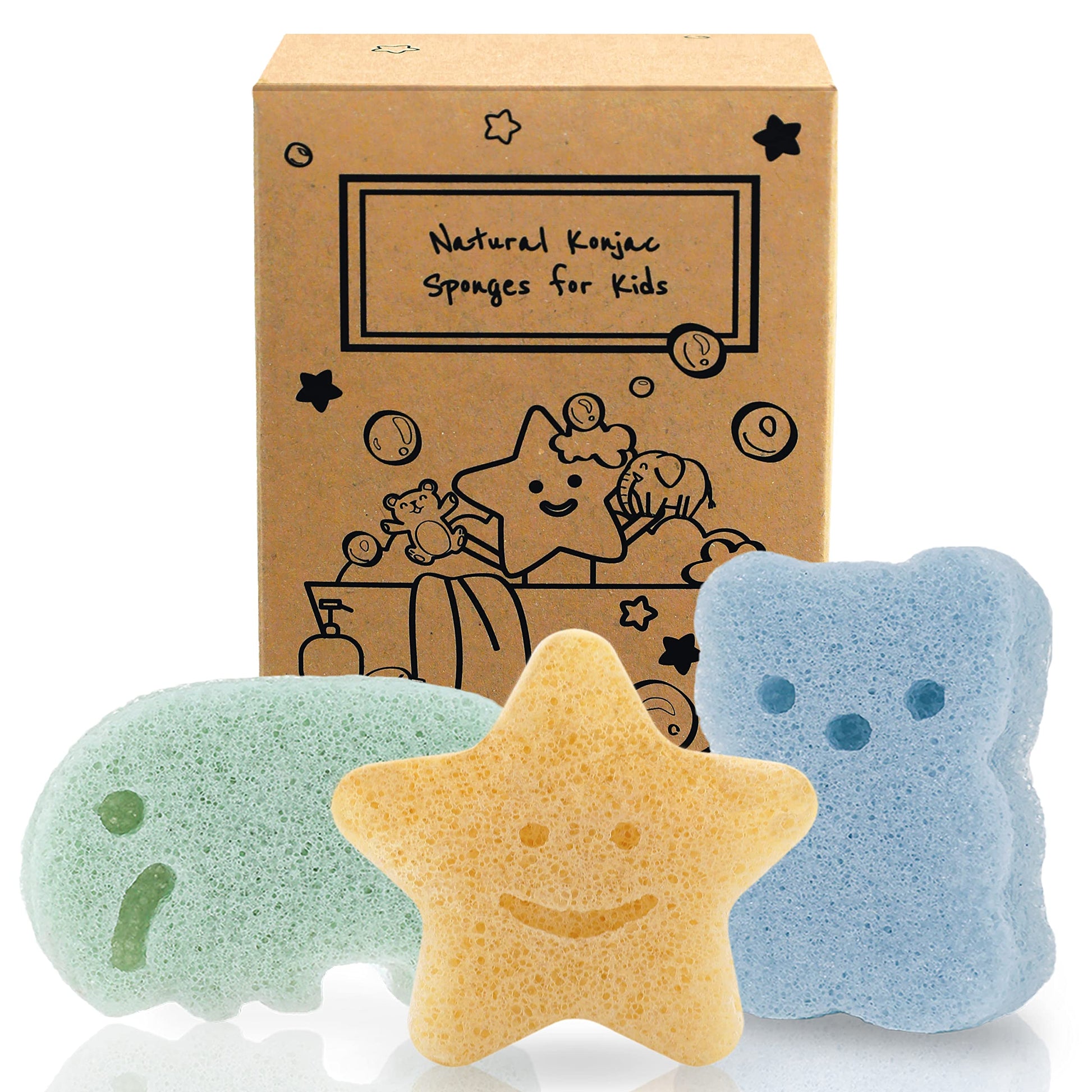 myHomeBody Konjac Baby Sponge for Bathing, Cute Shapes Natural Kids Bath loofah for Infants, Toddler, Newborns, Safe Plant-Based, 3pc. Set: Elephant, Bear &amp;amp; Star