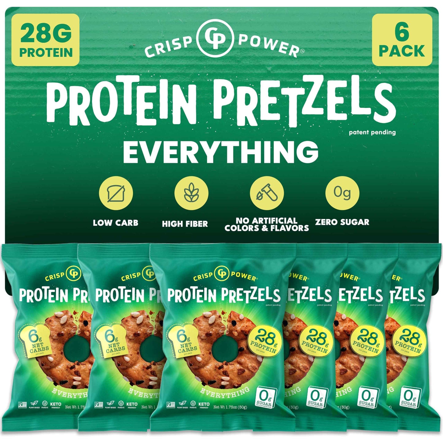 CRISP POWER Protein Pretzels, Variety Pack With Sea Salt, Sesame, & Everything, Up To 28G Protein, High Protein Snack, High Fiber, Low Carb Crunchy Pretzel Snacks, No Added Sugar, 1.75 oz Bags, 6 Pack, Vegan, Keto