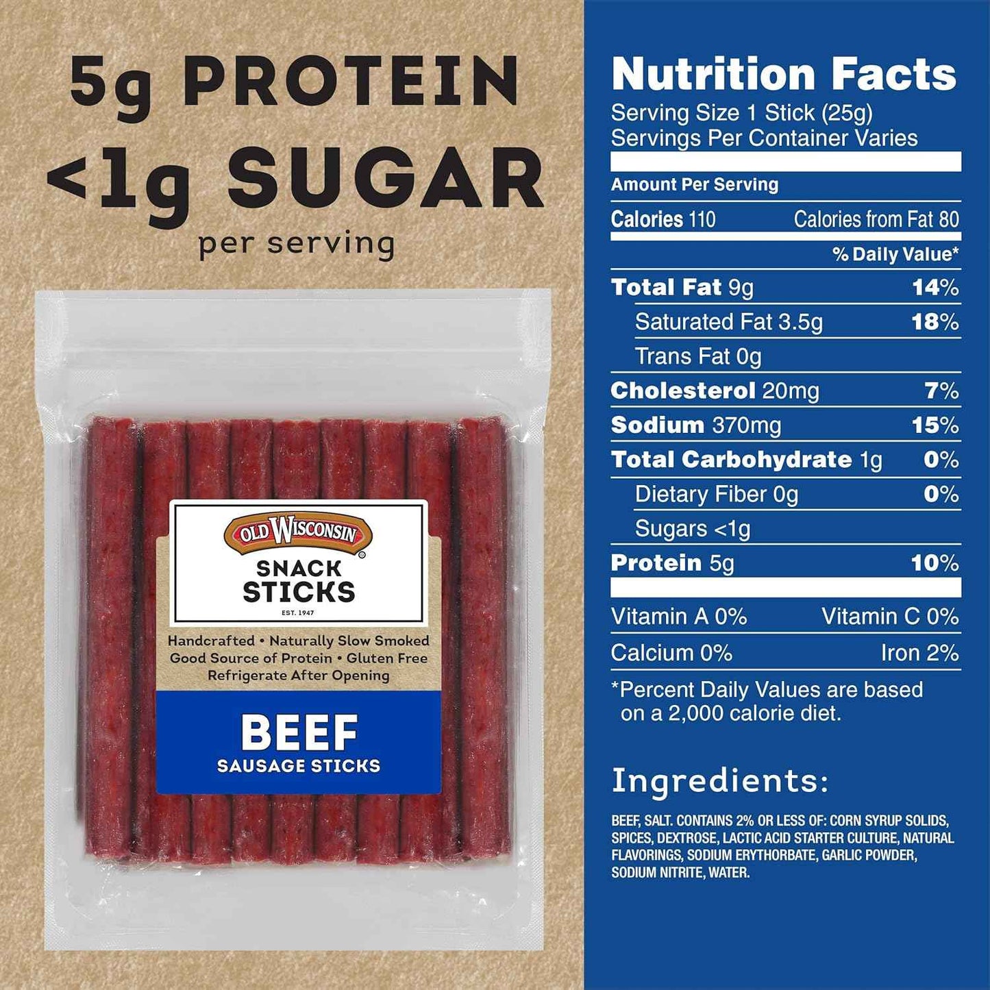 Old Wisconsin Beef Sausage Snack Sticks, Naturally Smoked, Ready to Eat, High Protein, Low Carb, Keto, Gluten Free