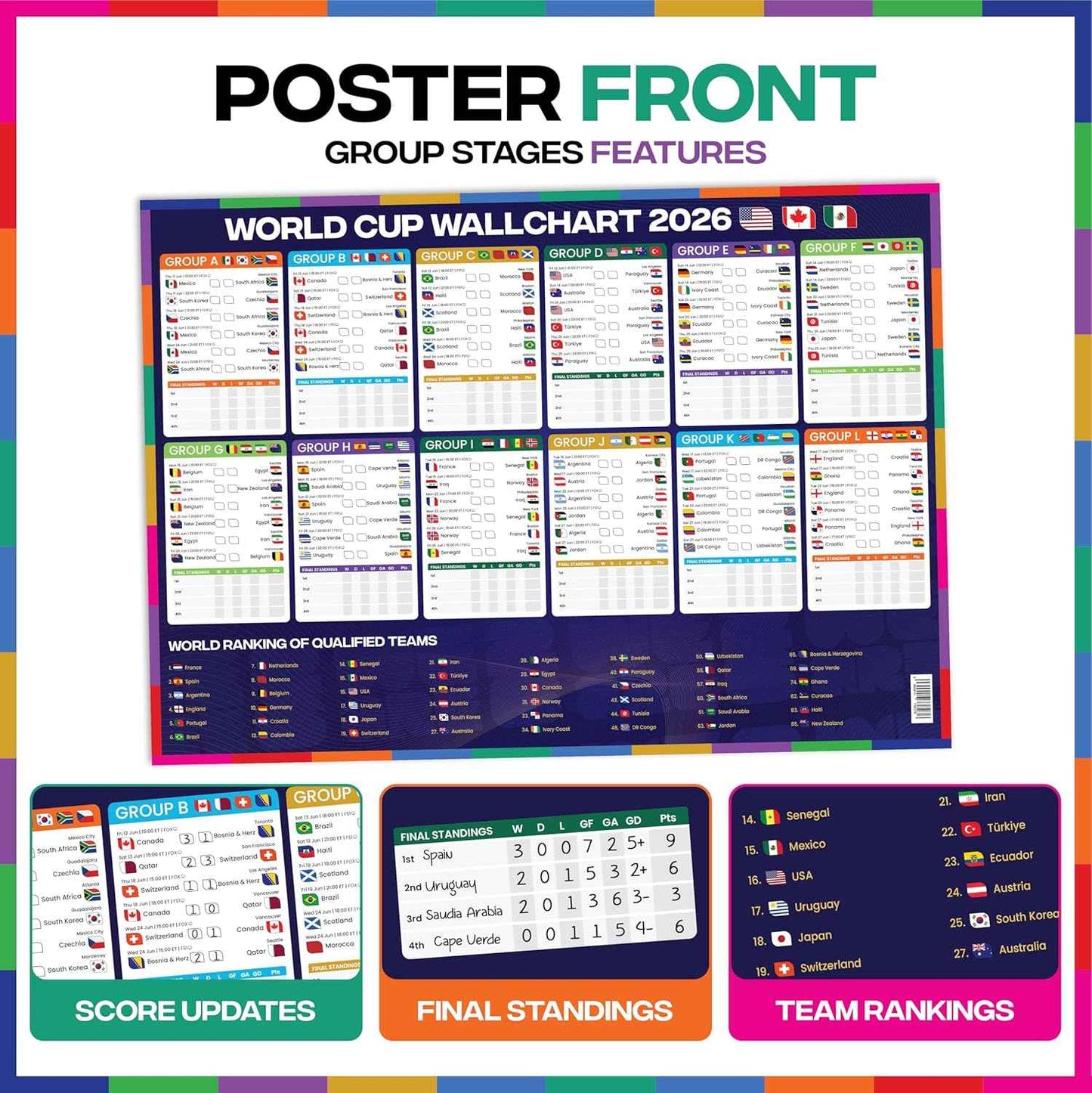 2026 World Cup Bracket Poster 2026 | A1 Size 2026 World Cup Soccer Poster with US Kick Off Times, Fixtures, Stadiums & Host Cities | World Cup Wall Chart