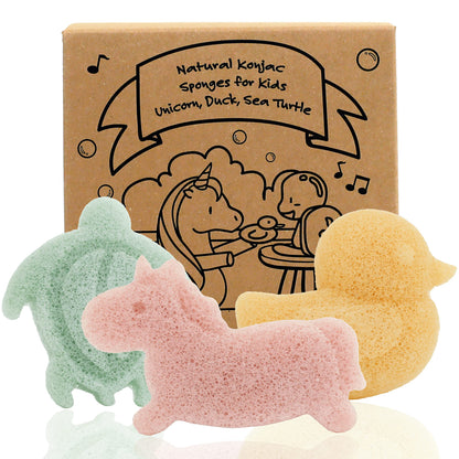 myHomeBody Konjac Baby Sponge for Bathing, Cute Shapes Natural Kids Bath loofah for Infants, Toddler, Newborns, Safe Plant-Based, 3pc. Set: Unicorn, Duck, Sea Turtle