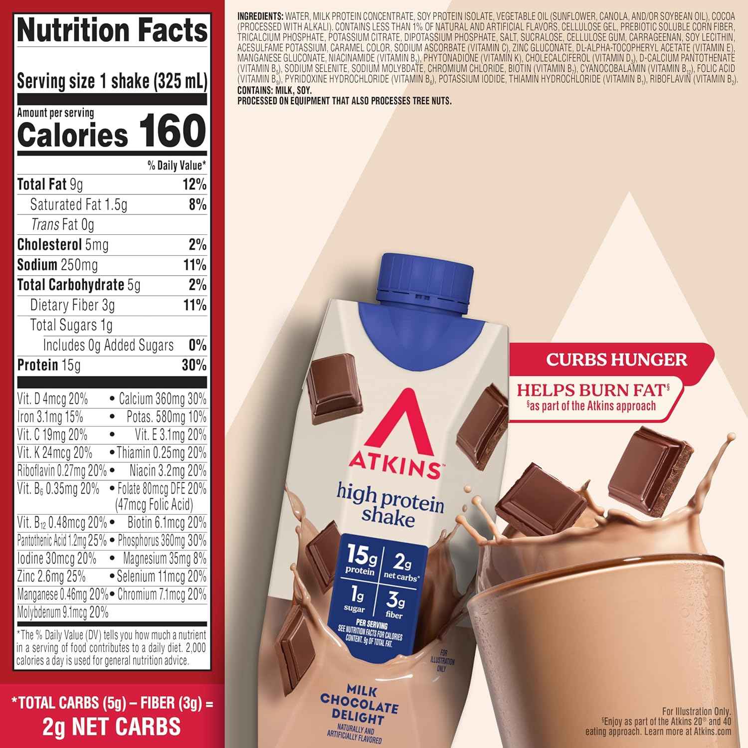 Atkins High Protein Shake, 15g Protein, 2g Net Carb, 1g Sugar, Keto Friendly, Chocolate Flavored Protein Shakes