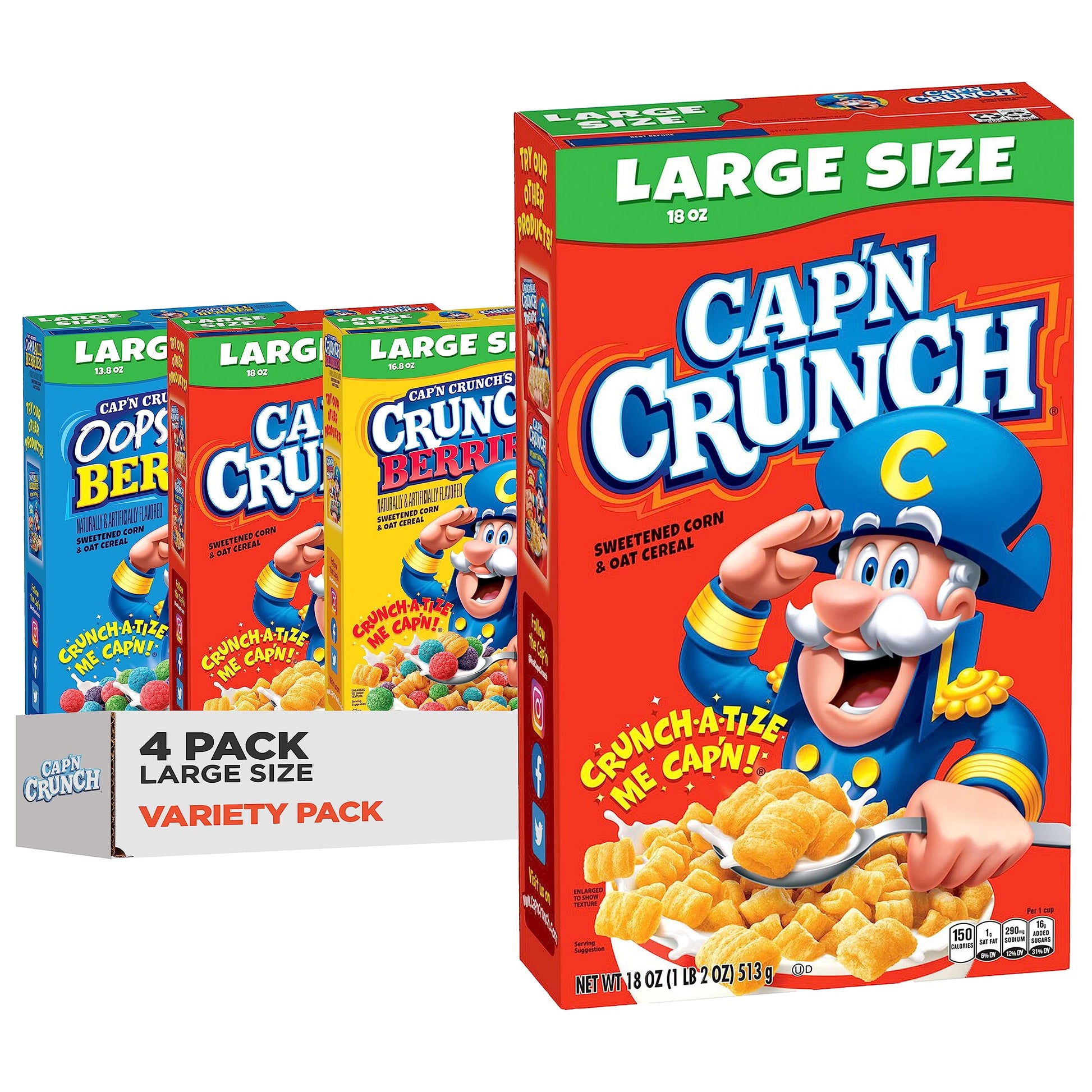 Cap&amp;#39;n Crunch Cereal, 3 Flavor Variety Pack, Large Size Boxes, (4 Pack)
