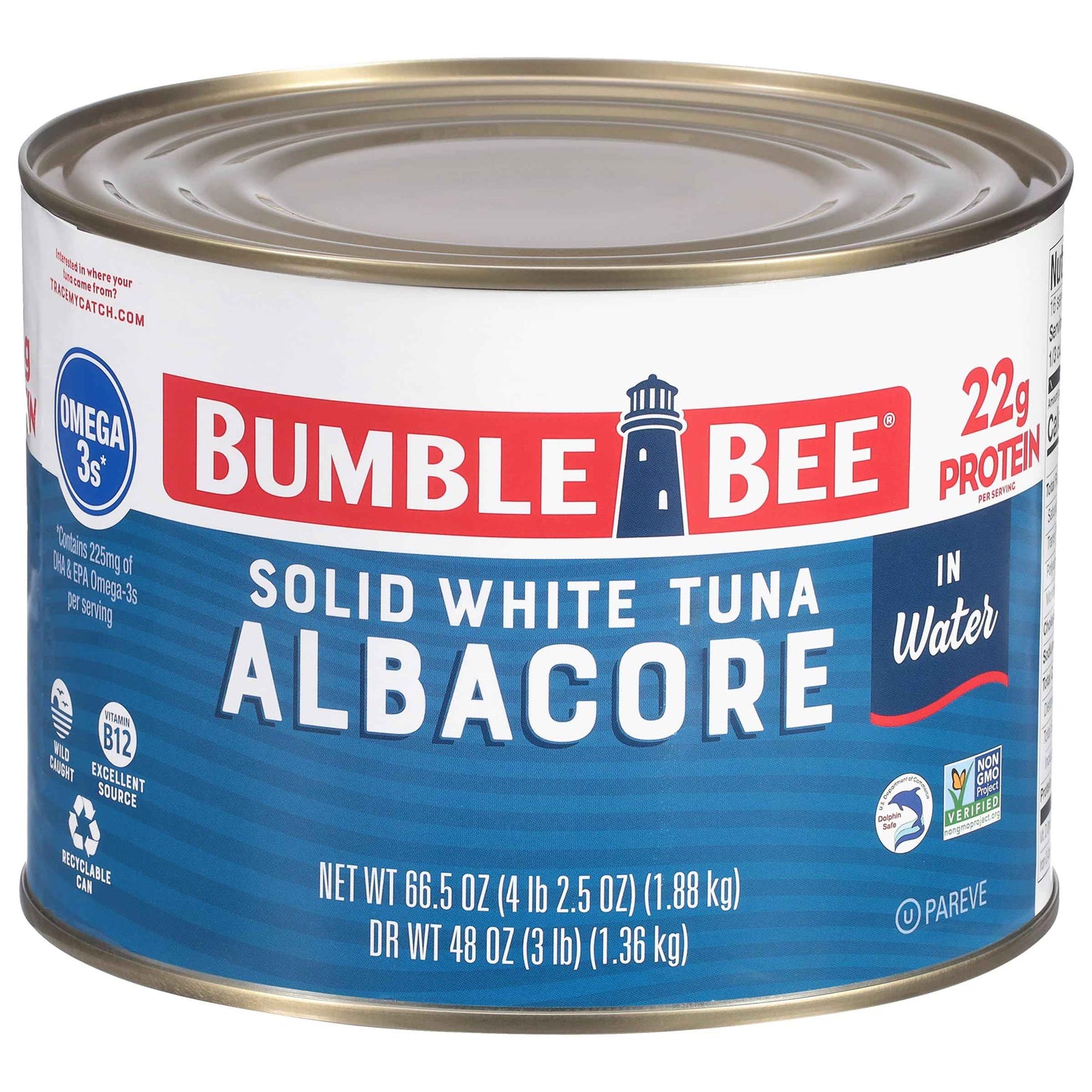 Bumble Bee Solid White Albacore Tuna, Can - Wild Caught Tuna - 29g Protein per Serving, High in Omega-3s - Non-GMO Project Verified, Gluten Free, Kosher