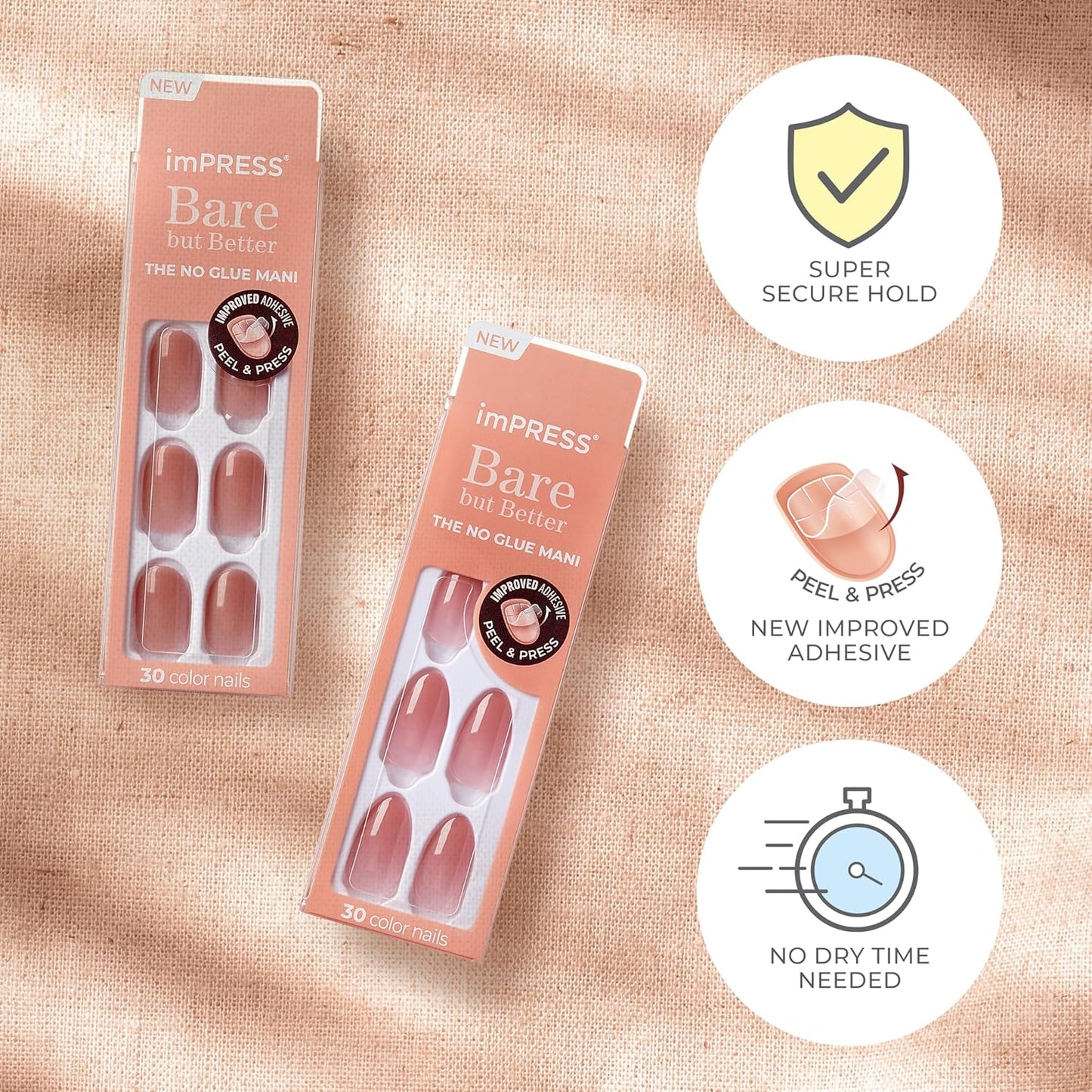 KISS_imPRESS_No_Glue_Mani_Press_On_Nails,_Bare_but_Better,_'Serenity',_Medium_Pink,_Medium_Size,_Almond_Shape,_Includes_30_Nails,_Prep_Pad,_Instructions_Sheet,_1_Manicure_Stick,_1_Mini_File