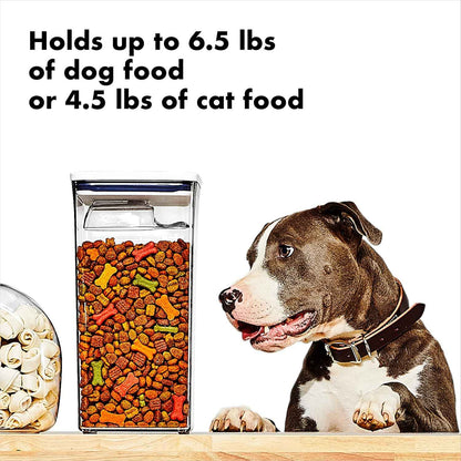 OXO Good Grips Pet POP Container with Half Scoop, Ideal for up to 6.5lbs of Dog Food or 4.5lbs of Cat Food, Airtight Dog and Cat Food Storage Container, BPA Free, Clear