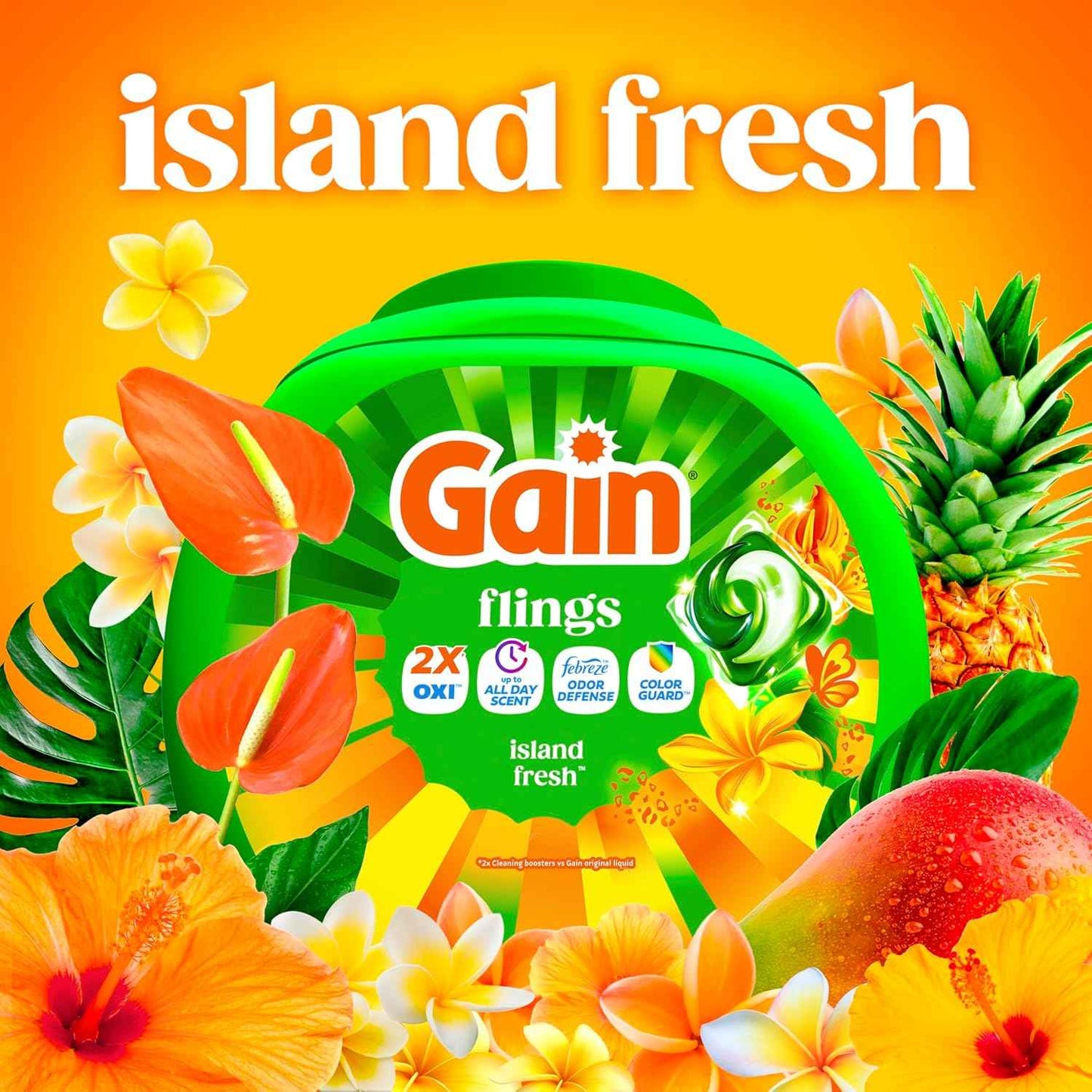 Gain Flings Liquid Washing Detergent Pacs with Odor Defense + Color Guard, 4-In-1 Liquid Laundry Detergent Pods, Clean & Fresh
