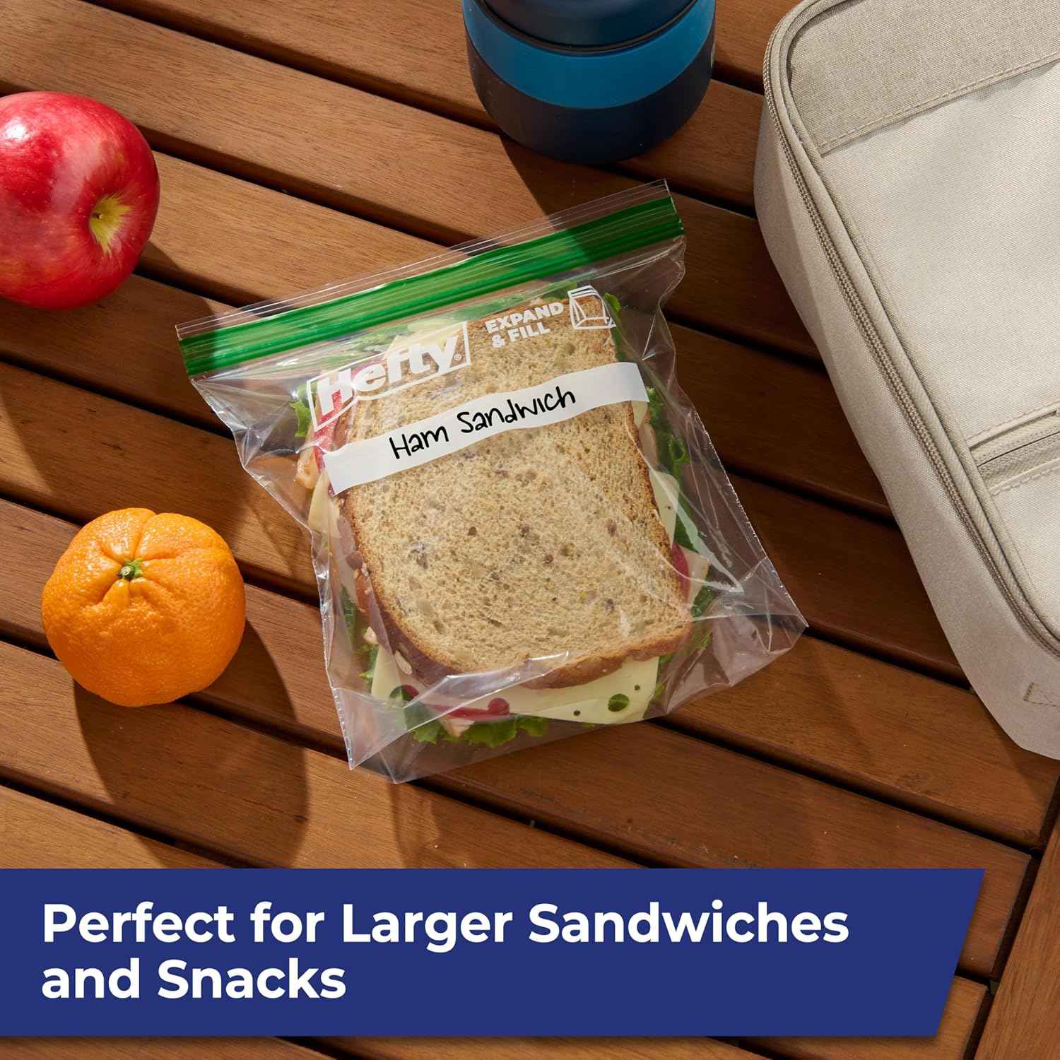 Hefty XL Press to Close Plastic Sandwich Expand and Fill Food Storage Bags
