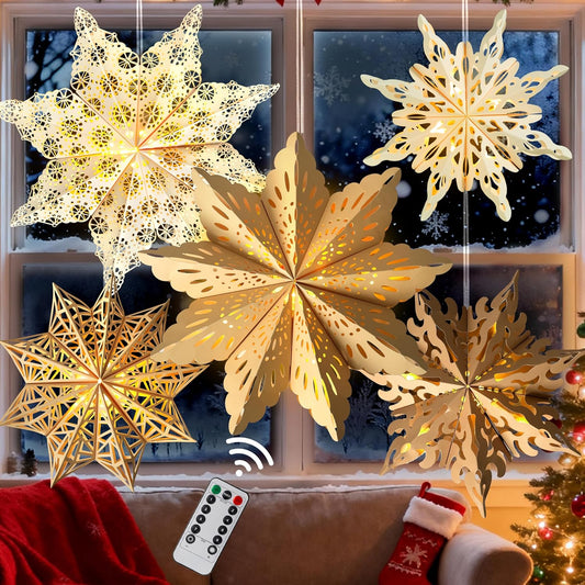 5Pcs_Christmas_Paper_Snowflake_Lanterns,_Large_Christmas_Paper_Star_Lanterns_with_LED_Lights_White_Beige_Khaki_Hanging_Snowflake_Lamps_for_Xmas_Winter_Frozen_Wedding_Birthday_Holiday_Party_Decorations