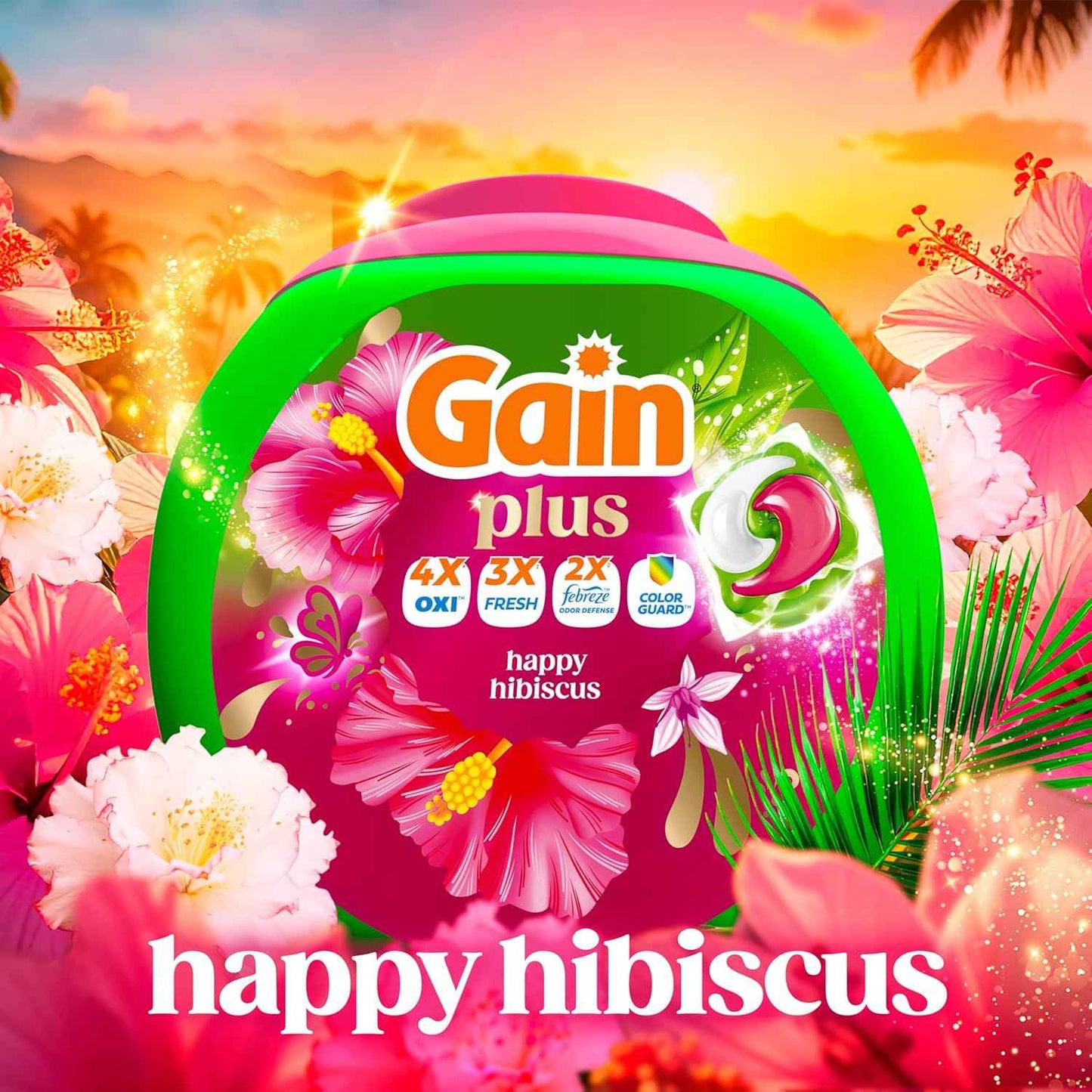 Gain Plus Flings Liquid Washing Detergent Pods, Gain's Best Clean, All-In-One, Happy Hibiscus Scent Laundry Pacs