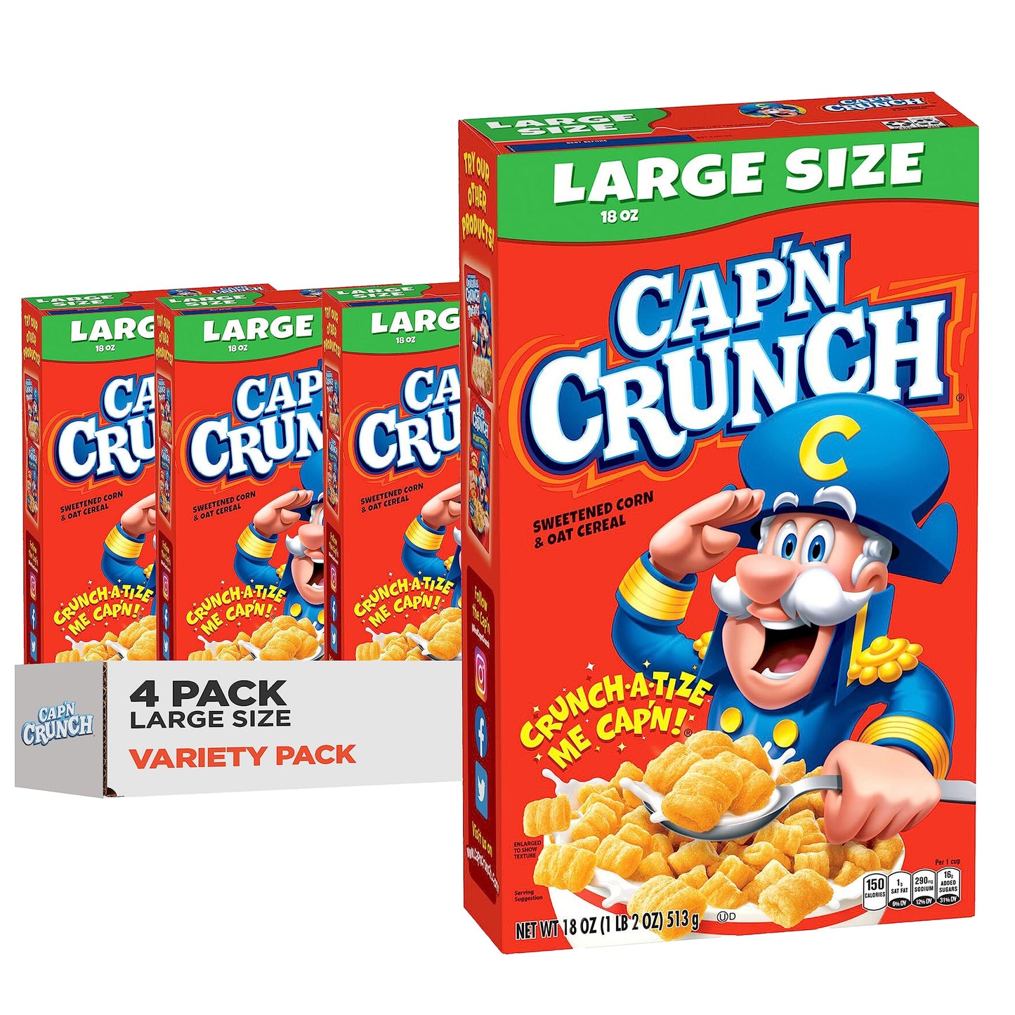 Cap&amp;#39;n Crunch Cereal, Original, 18 oz Large Size Boxes (4 Pack)