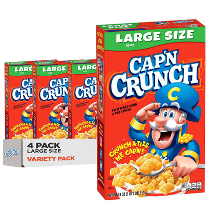 Cap&amp;#39;n Crunch Cereal, Original, 18 oz Large Size Boxes (4 Pack)