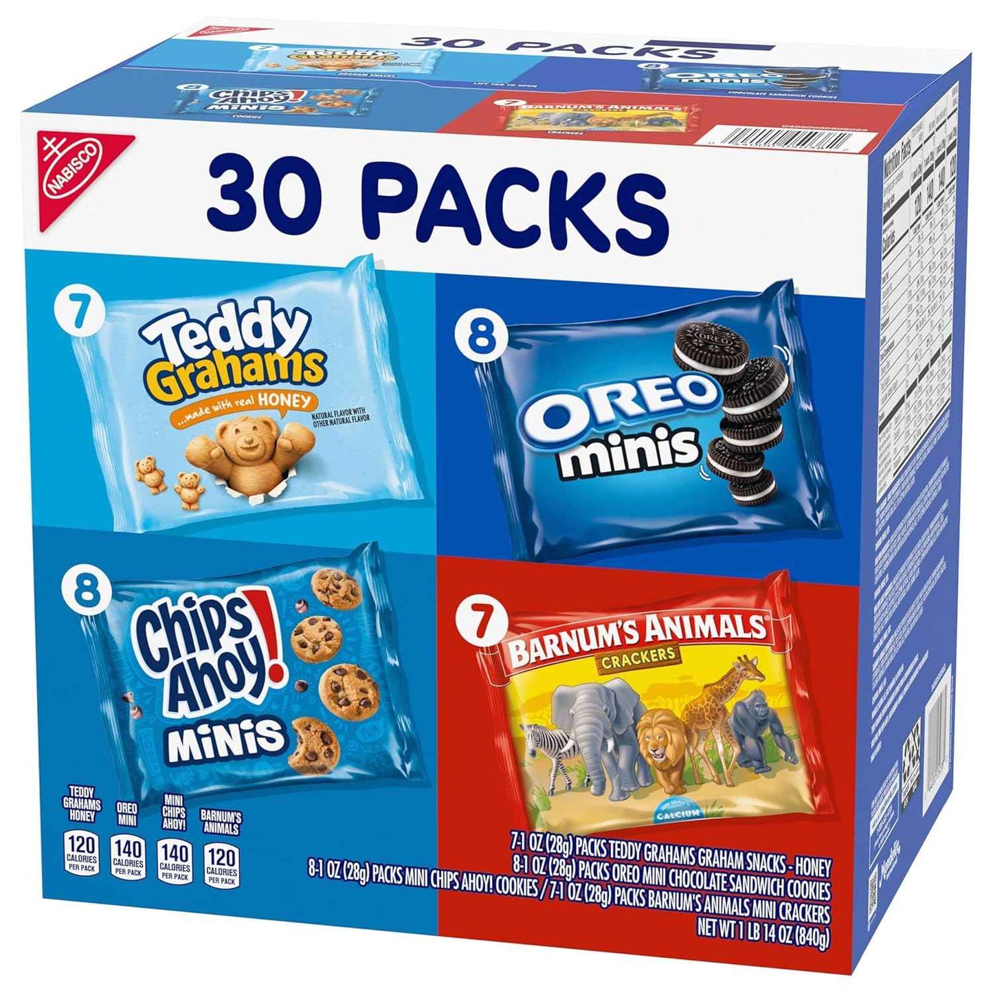 Nabisco Team Favorites Variety Pack, OREO Mini, CHIPS AHOY! Mini, Teddy Grahams Honey & Barnum's Animal Crackers, 30 Snack Packs