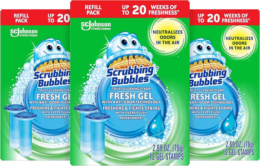 Scrubbing Bubbles Fresh Gel Toilet Bowl Cleaning Stamps Refills, Helps Keep Toilet Clean and Helps Prevent Limescale & Rings, Rainshower Scent