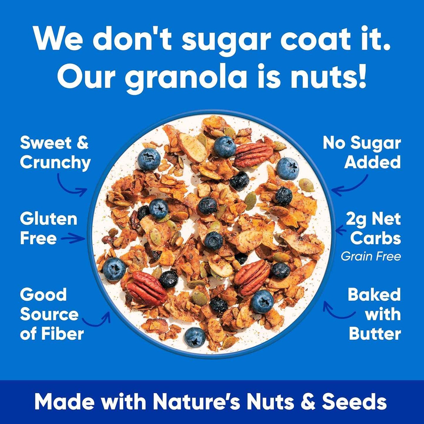 NuTrail Nut Granola Cereal, Blueberry Cinnamon, No Sugar Added, Gluten Free, Grain Free, Keto, Low Carb, Healthy Breakfast Cereal 8 oz.