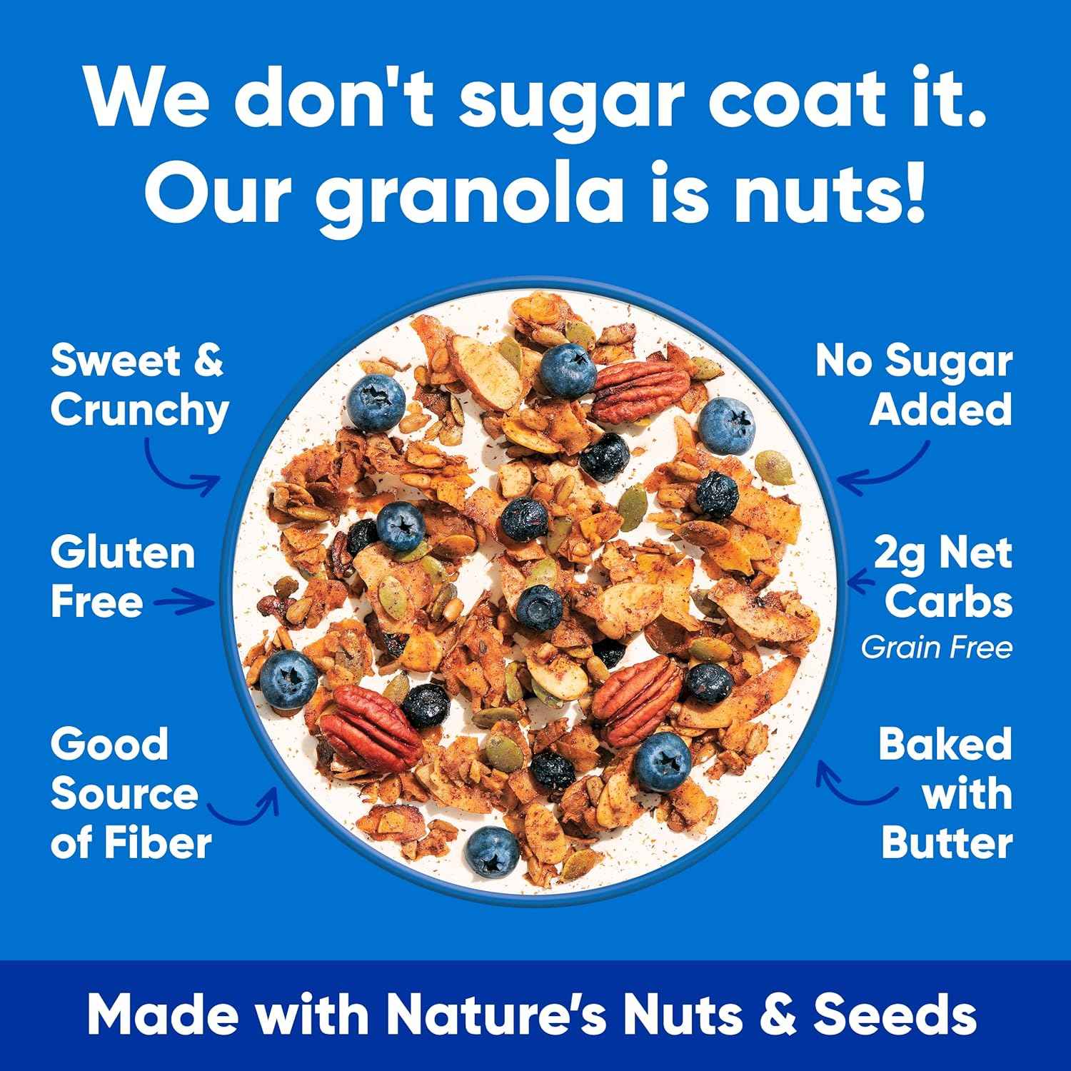 NuTrail Nut Granola Cereal, Blueberry Cinnamon, No Sugar Added, Gluten Free, Grain Free, Keto, Low Carb, Healthy Breakfast Cereal 8 oz.
