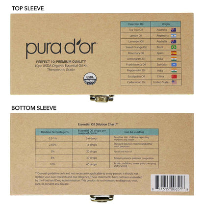PURA D'OR Organic Perfect10 Essential Oils Set - 10x 10mL Wood Box Aromatherapy Gift Set - 100% Pure Therapeutic Grade for Relaxation and Wellness (Lavender, Peppermint, Eucalyptus, Tea Tree & More)