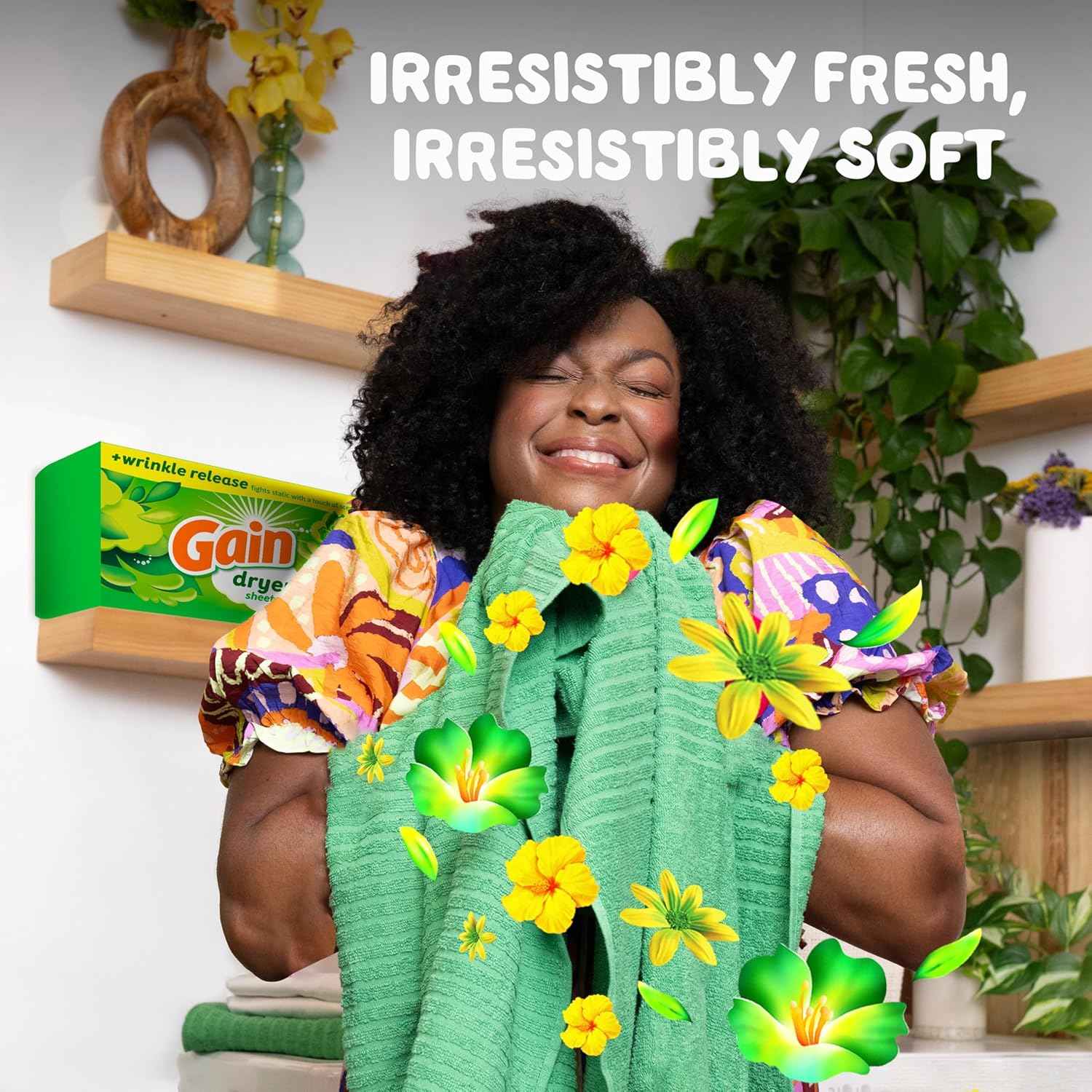 Gain dryer sheets Plus Wrinkle Release, Original Scent, Fights static with a touch of scent, laundry sheets
