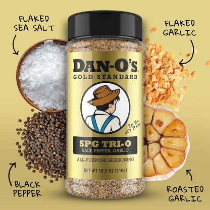 Dan-O’s SPG Tri-O Seasoning – Salt, Pepper & Garlic Blend – Medium Bottle – Premium All Purpose SPG for Steak, Chicken, Seafood & Veggies