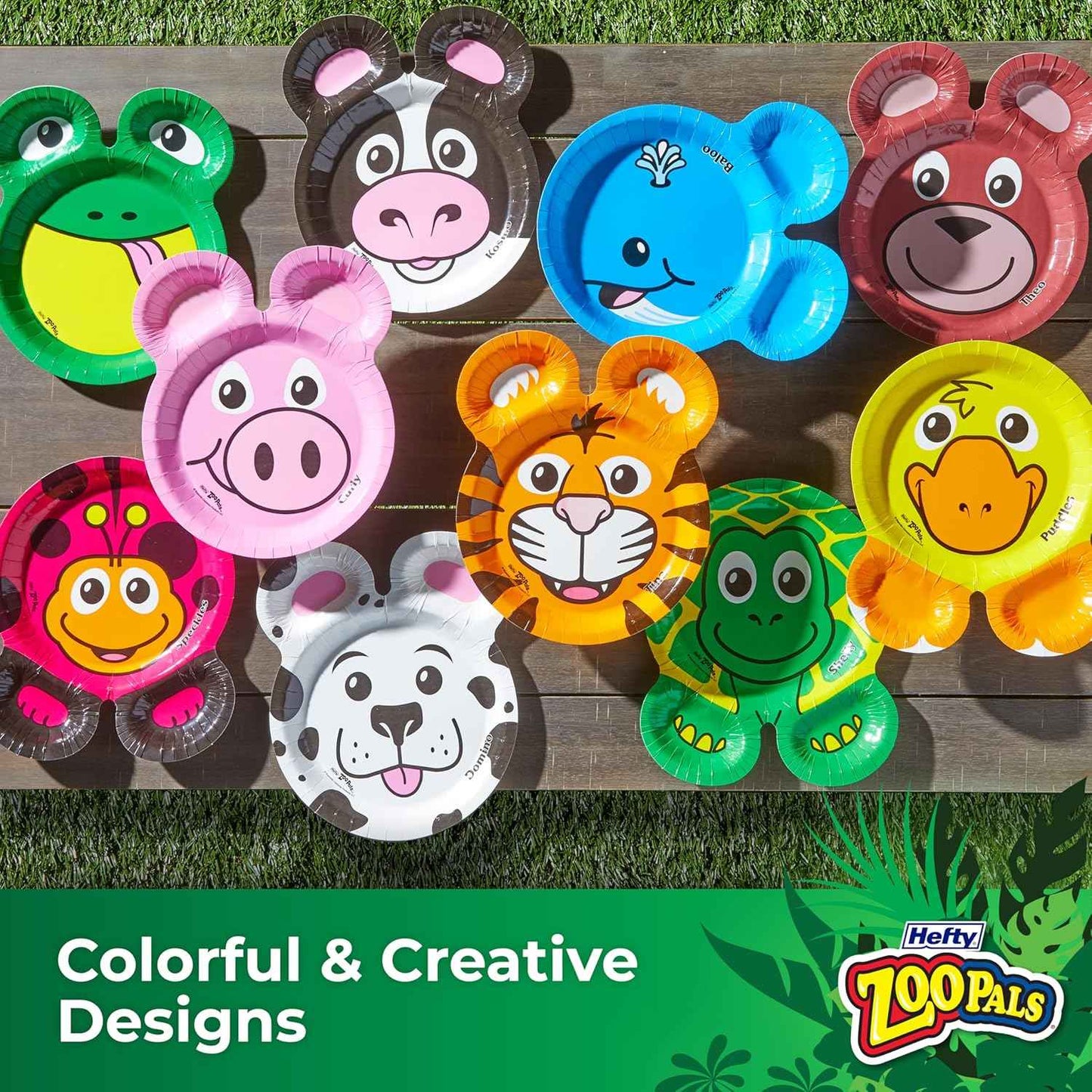 Hefty Zoo Pals Party Edition Paper Plates for Kids, Assorted Animal Designs, 7.75 Inches with Two Dipping Compartments