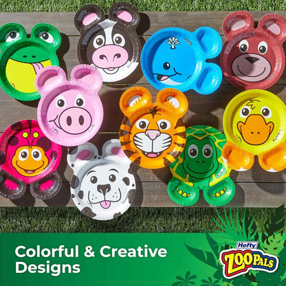 Hefty Zoo Pals Party Edition Paper Plates for Kids, Assorted Animal Designs, 7.75 Inches with Two Dipping Compartments