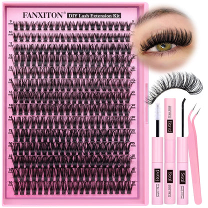 FANXITON DIY Lash Extension Kit 50D D Curl Individual Lashes Lash Clusters Kit Cluster Lashes Lash Bond and Seal and Lash Tweezers for Lash Clusters Kit DIY at Home, black