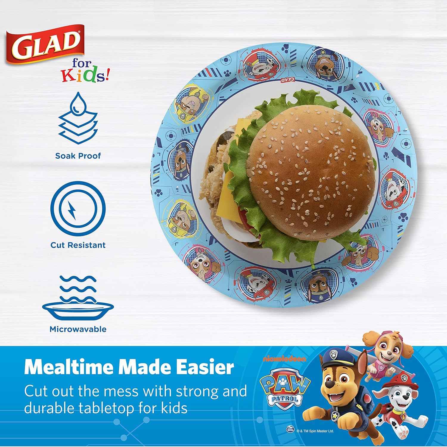 Glad for Kids Paw Patrol Disposable Paper Plates, Heavy Duty Soak Proof Microwavable Kids Plates for Parties, Birthdays, and Everyday Meals, Core Pups Blue