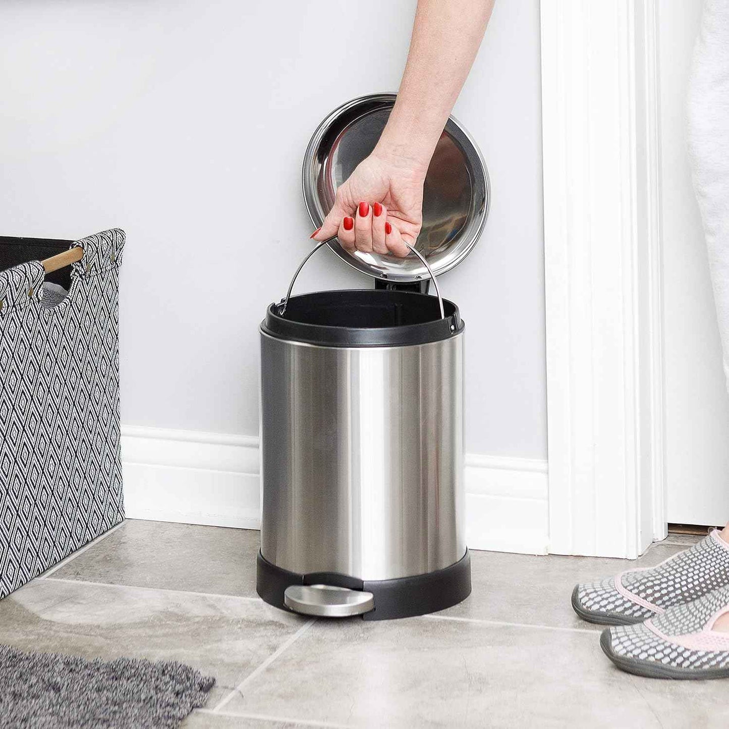 Glad Small Trash Can, 1.2 Gallon | Round Stainless Steel Garbage Bin with Soft Close Lid & Step Foot Pedal | Metal Waste Basket with Removable Inner Bucket, 8 x 9.5 x 12 inches