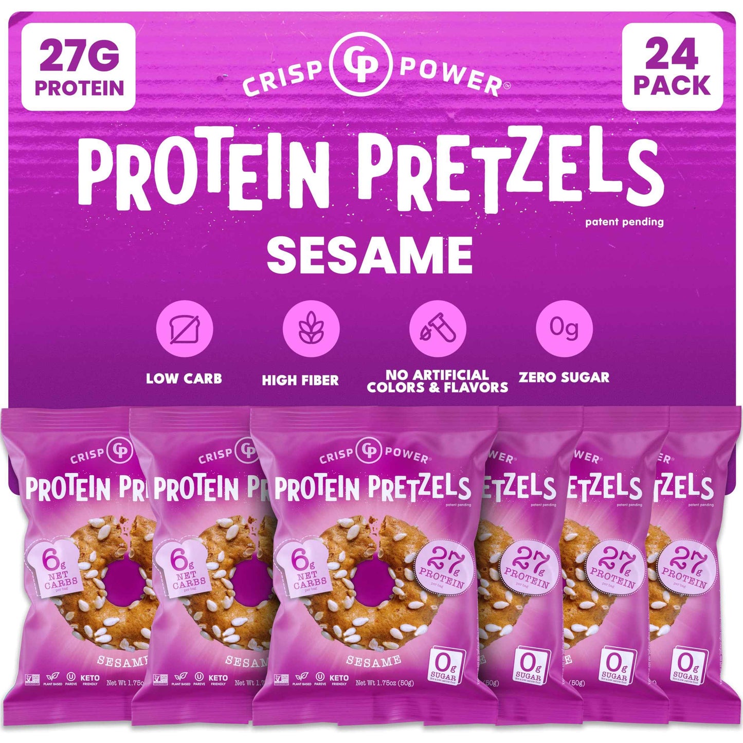 CRISP POWER Protein Pretzels, Variety Pack With Sea Salt, Sesame, & Everything, Up To 28G Protein, High Protein Snack, High Fiber, Low Carb Crunchy Pretzel Snacks, No Added Sugar, 1.75 oz Bags, 6 Pack, Vegan, Keto