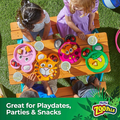Hefty Zoo Pals Party Edition Paper Plates for Kids, Assorted Animal Designs, 7.75 Inches with Two Dipping Compartments