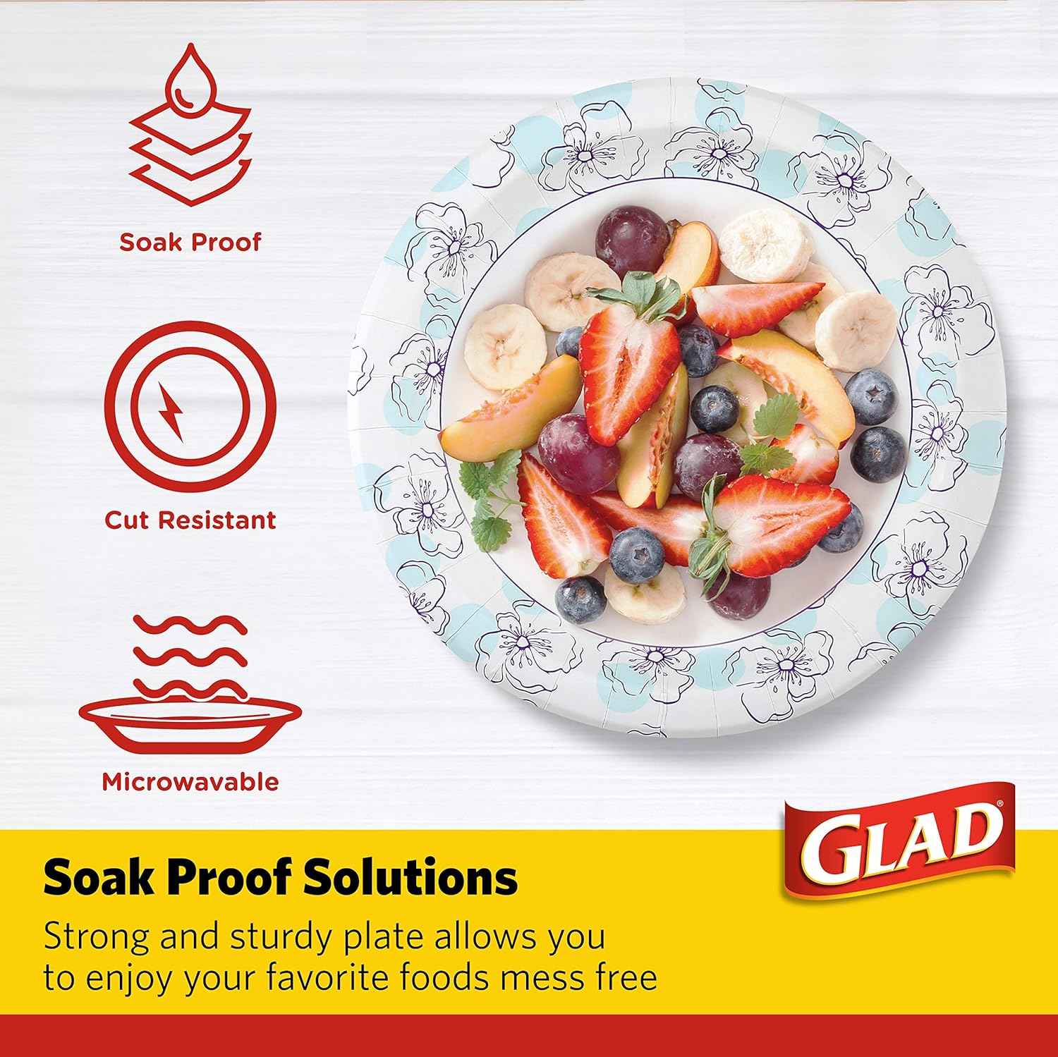 Glad Round Disposable Paper Plates, Heavy Duty Soak Proof Cut Resistant Microwave Safe Plates for Meals, Parties, Picnics, and Events