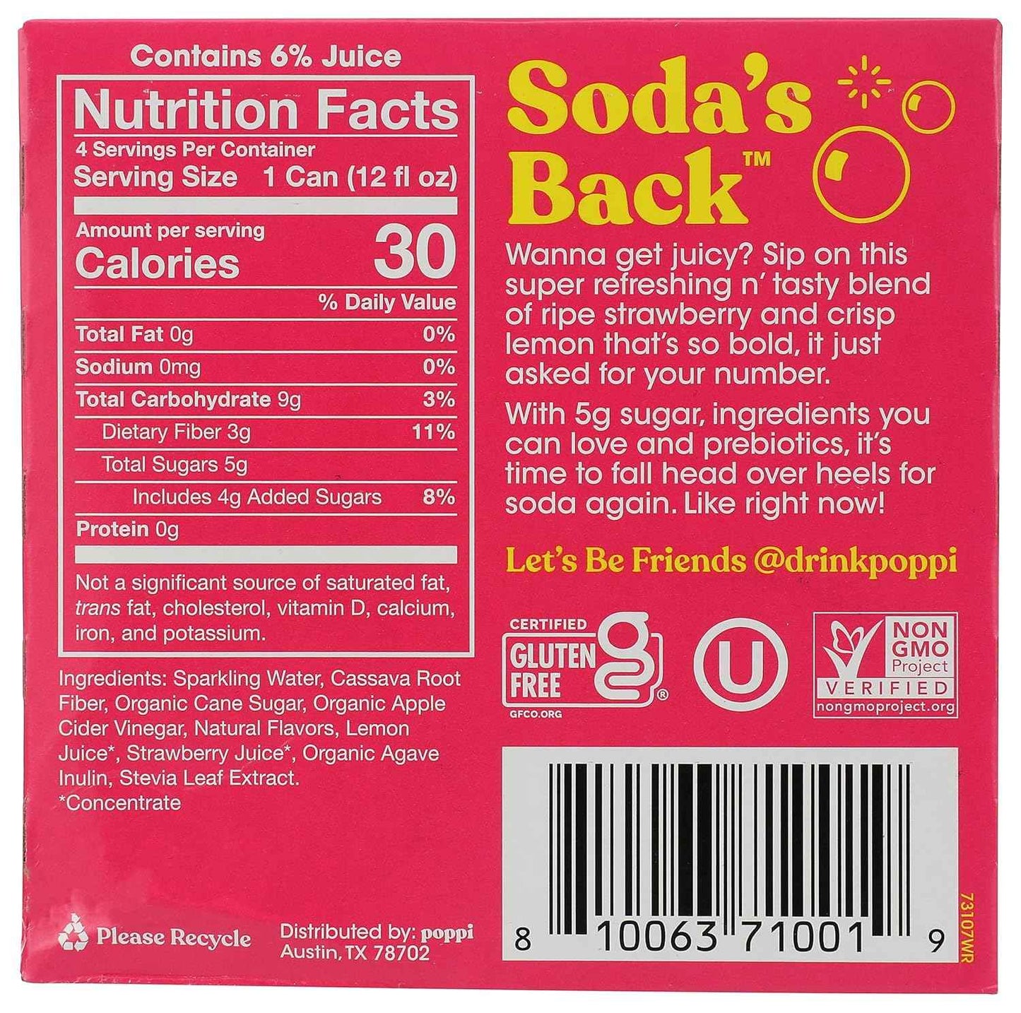 Poppi Strawberry Lemon Prebiotic Soda 4 pack