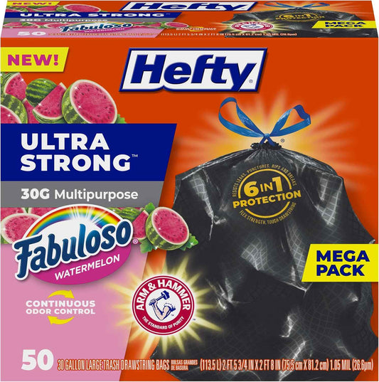 Hefty Ultra Strong 30 Gallon Trash Bags, Large Trash Bags, Multipurpose, Break Resistant Drawstring Closure, Resists Leaks, Punctures, and Tears, Black, Fabuloso Watermelon Scent, 50 Bags