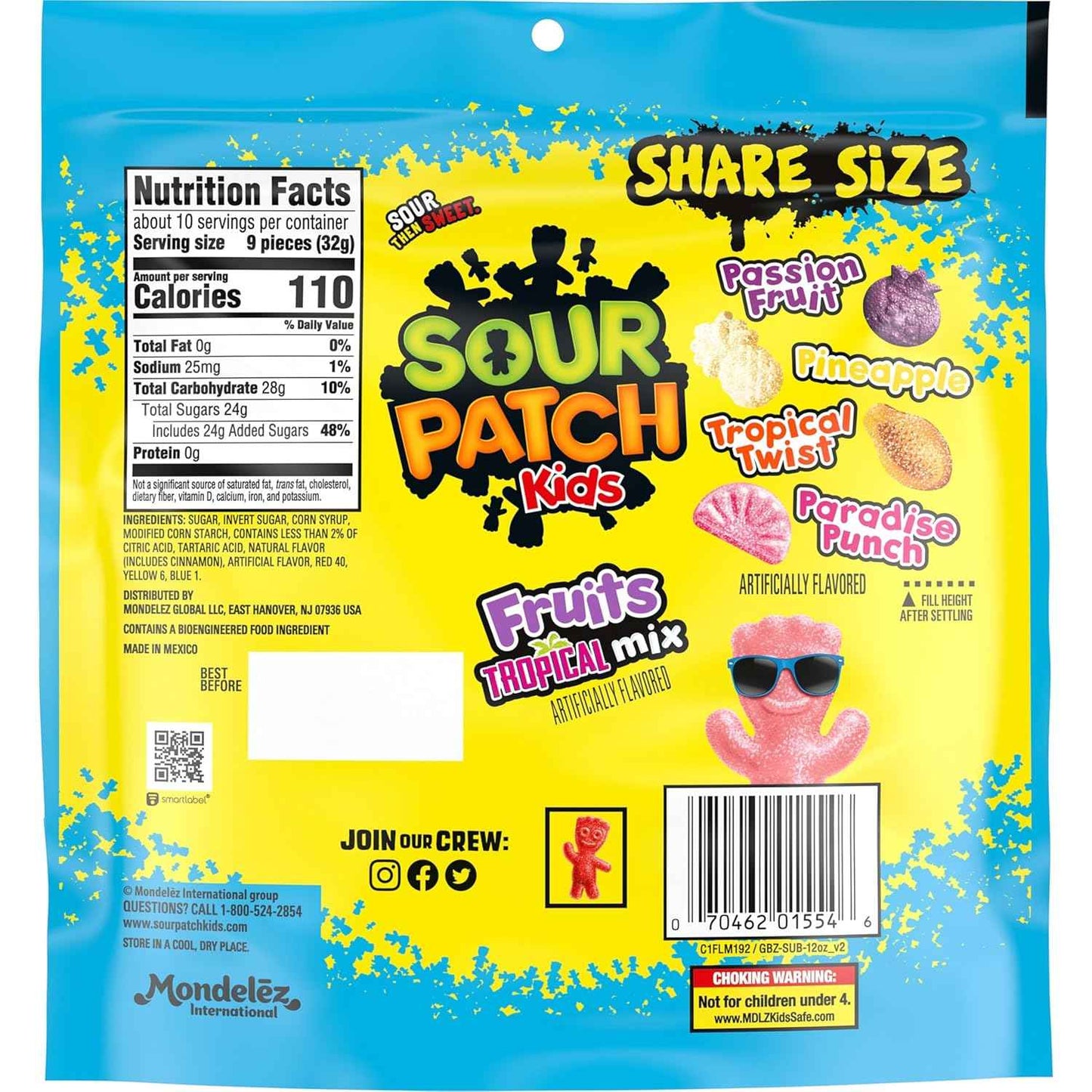 SOUR PATCH KIDS Fruits Tropical Mix Soft & Chewy Candy, Share Size, 11.11 oz