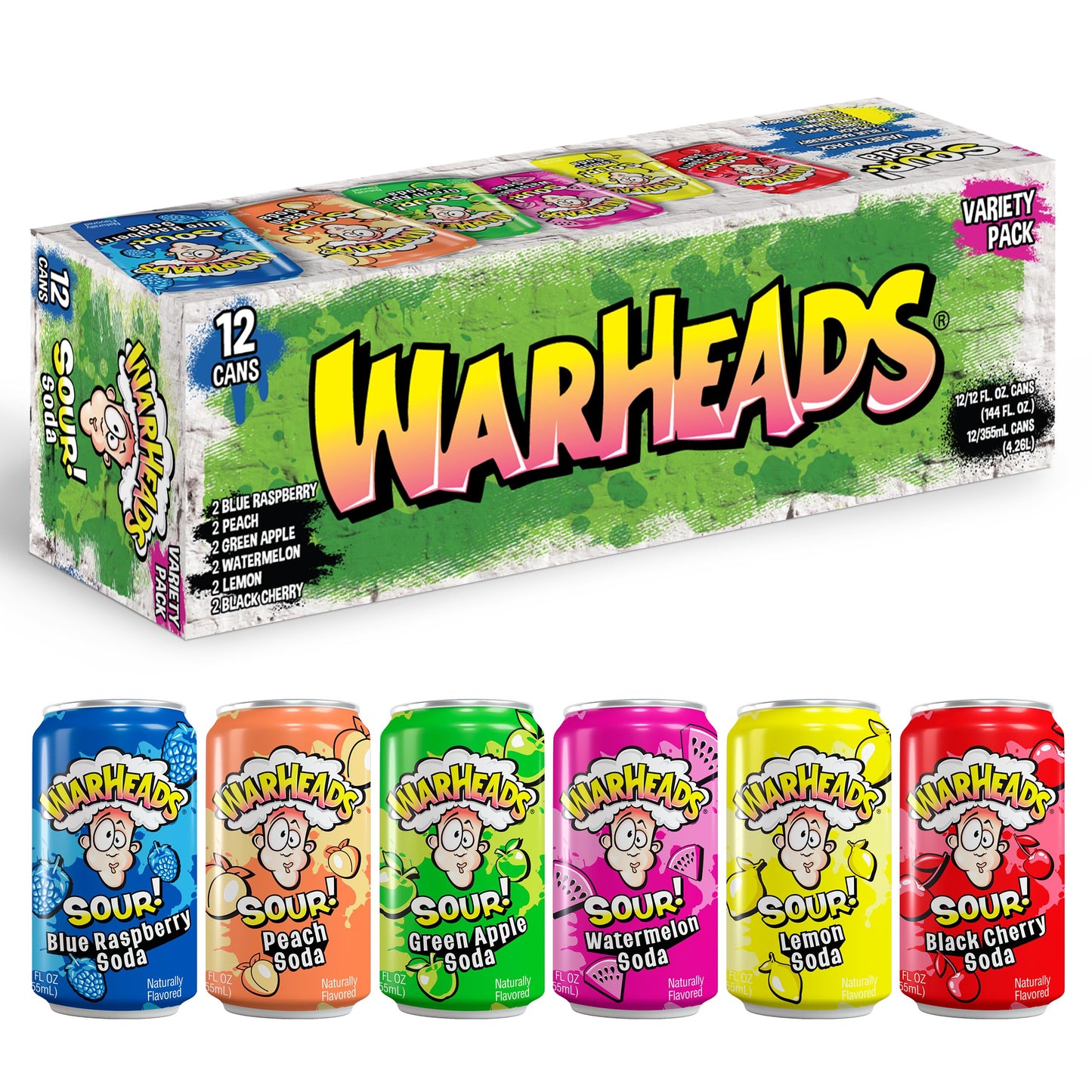 Sour Fruity Soda with Classic Warheads Flavors – Perfectly Balanced Sweet and Sour Soda - Warheads Candy Throwback Treat, Soda, Cocktail Mixer, Pack of 12, 12oz Cans (Variety Pack)