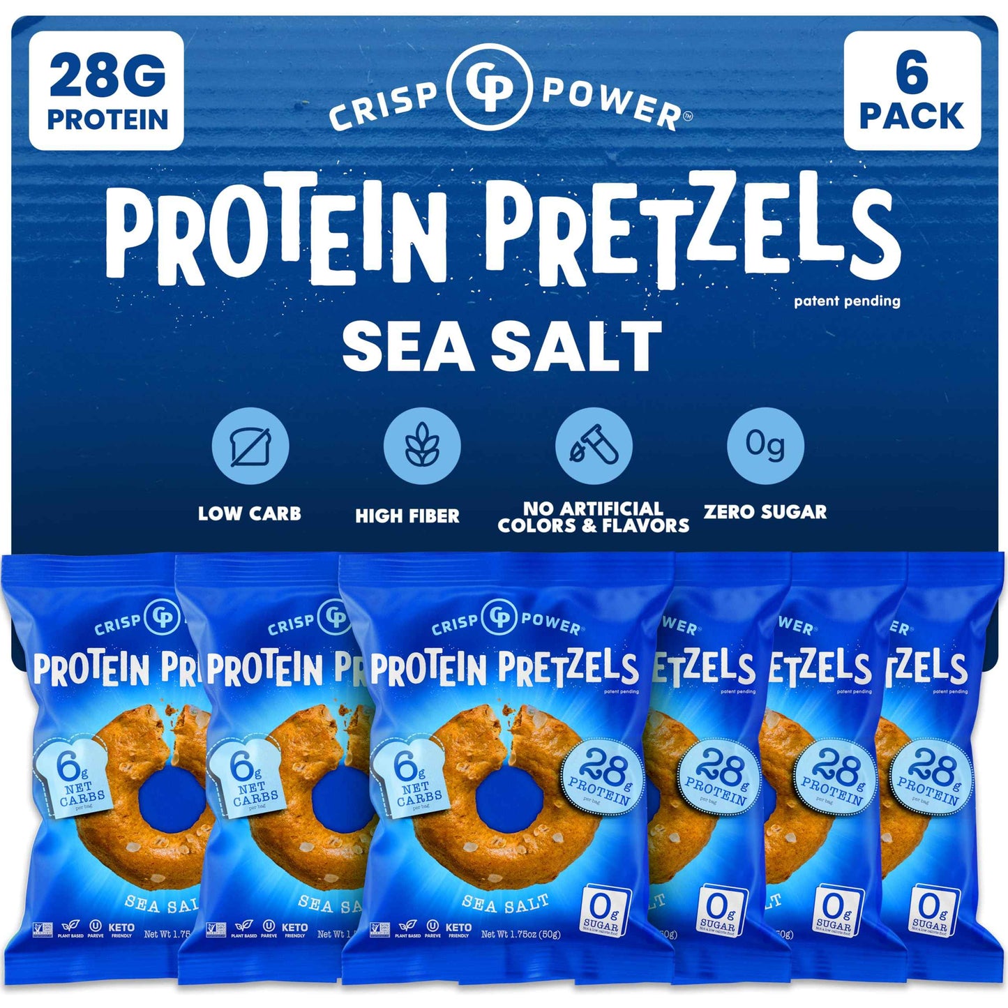 CRISP POWER Protein Pretzels, Variety Pack With Sea Salt, Sesame, & Everything, Up To 28G Protein, High Protein Snack, High Fiber, Low Carb Crunchy Pretzel Snacks, No Added Sugar, 1.75 oz Bags, 6 Pack, Vegan, Keto