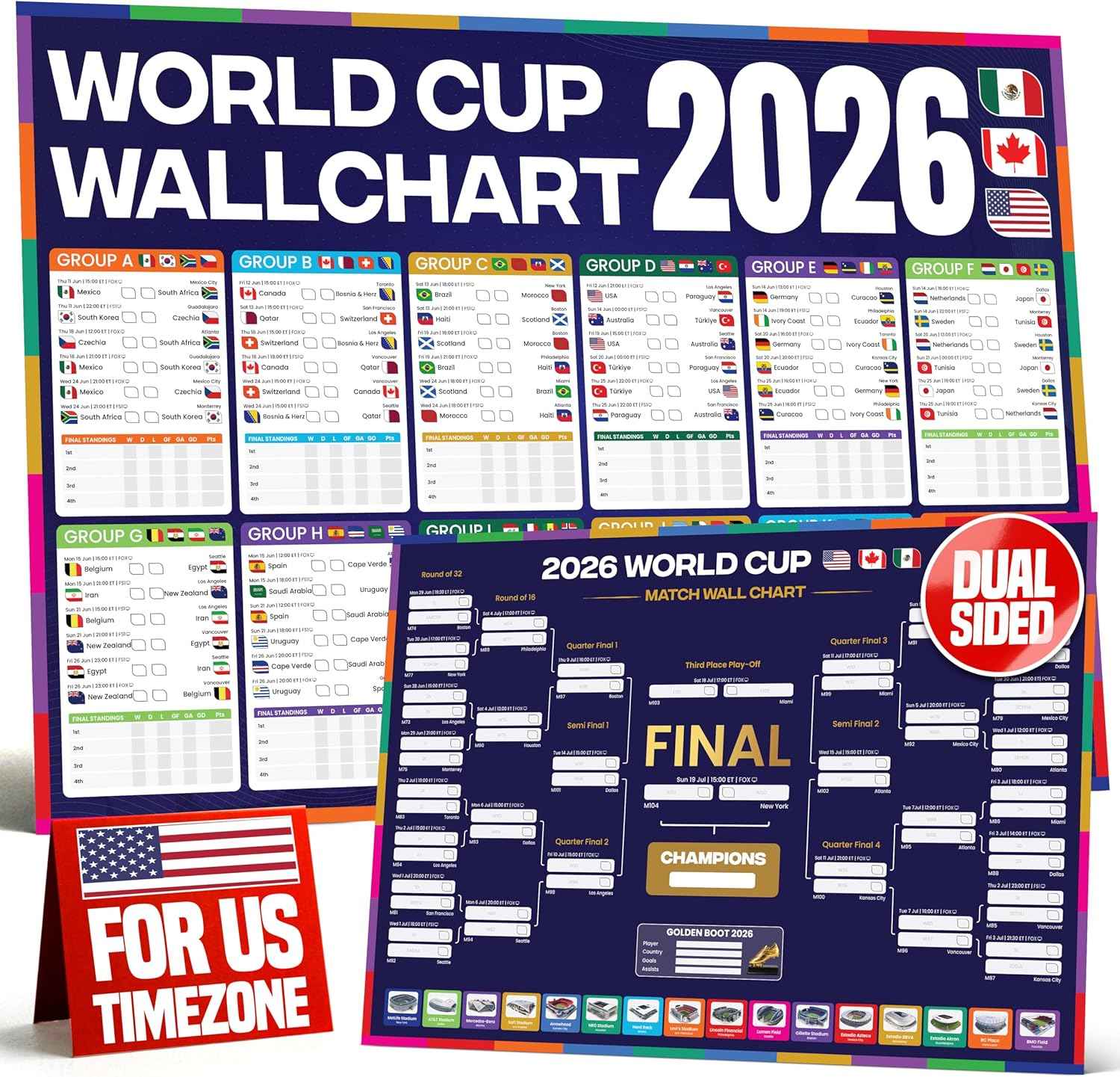 2026 World Cup Bracket Poster 2026 | A1 Size 2026 World Cup Soccer Poster with US Kick Off Times, Fixtures, Stadiums & Host Cities | World Cup Wall Chart
